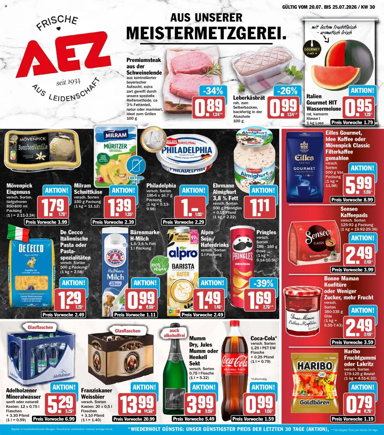 Vorschau von dem Prospekt des Geschäftes AEZ, gültig ab dem 20.07.2026 - Pasta, Milch, Sekt, Schweinelende, Franziskaner, Bonne maman, Spezialitäten, Milram