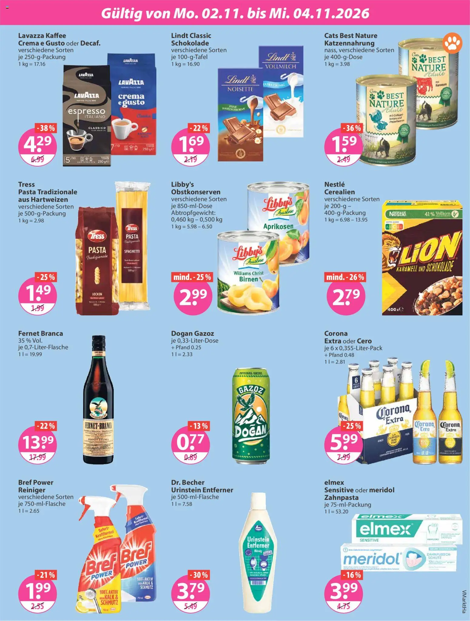 Vorschau von dem Prospekt des Geschäftes V-Markt, gültig ab dem 29.10.2026 - Schokolade, Pasta, Lindt, Kalk, Preiselbeeren, Zahnpasta, Fernet branca, Fernet