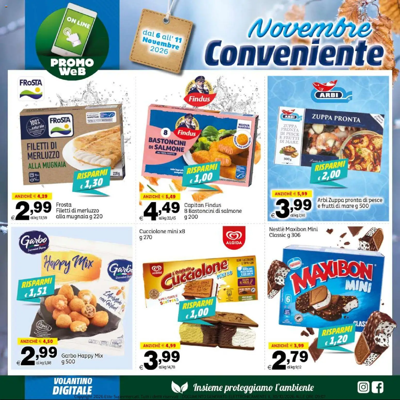 Anteprima dell'opuscolo Elite Supermercati volantino Novembre Conveniente dal negozio Elite Supermercati valido da 06/11/2026 - Pesce, Salmone, Merluzzo, Frutti di mare, Tè