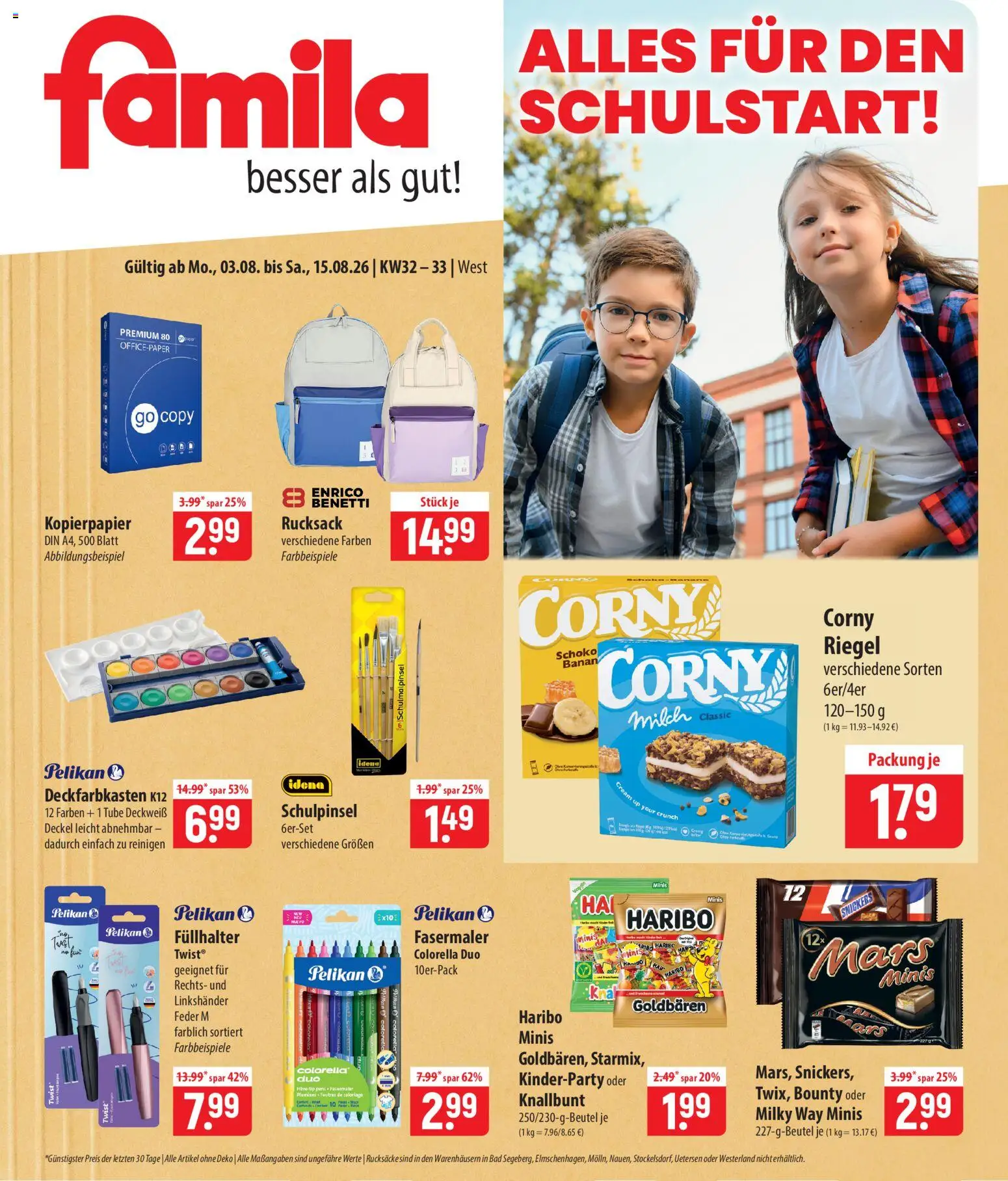 Vorschau von dem Prospekt des Geschäftes Famila, gültig ab dem 03.08.2026 - Haribo, Rucksack, Bad, Mars, Milch, Snickers, Mais, Corny riegel