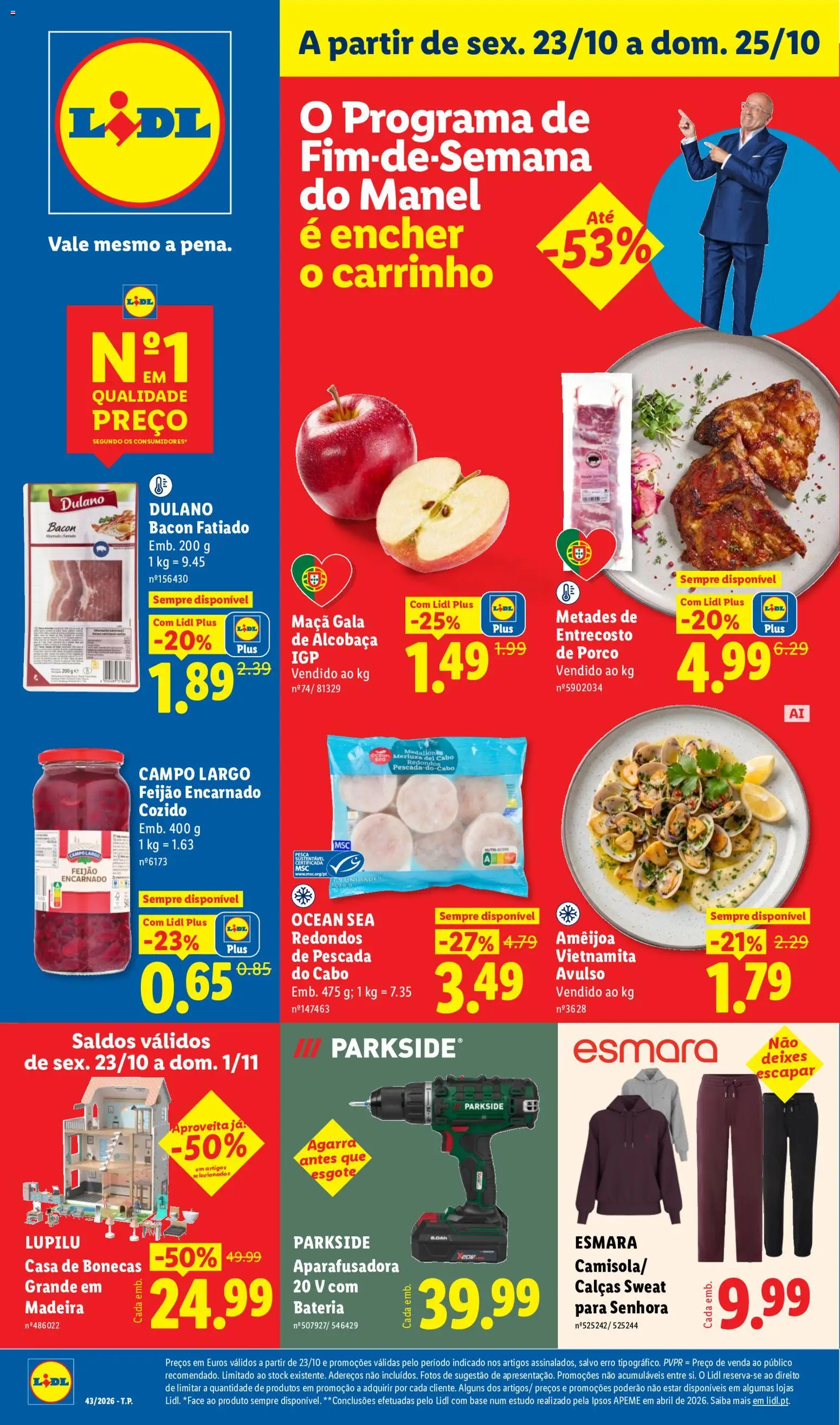 Pré-visualização do folheto da loja Lidl válida a partir de 23/10/2026 - Bateria, Maça, Base, Feijão, Pescada, Bacon, Cabo, Pescada do cabo