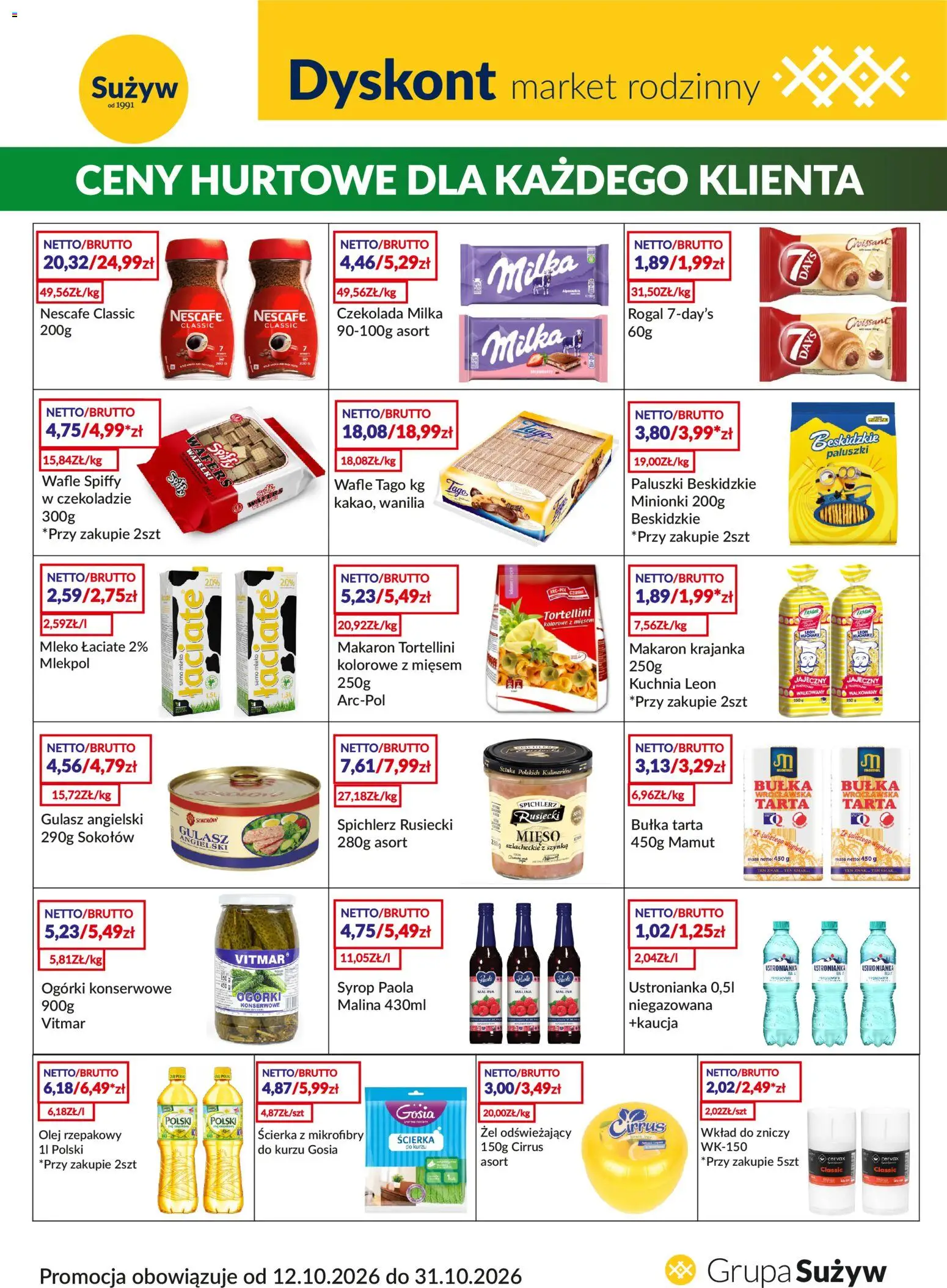 Pogląd gazetki "Sużyw gazetka - Dyskont" ze sklepu Sużyw ważnej od 12.10.2026 - Mięso, Ogórki, Olej, Ogórki konserwowe, Nescafe, Wafle, Bułka wrocławska, Gulasz angielski