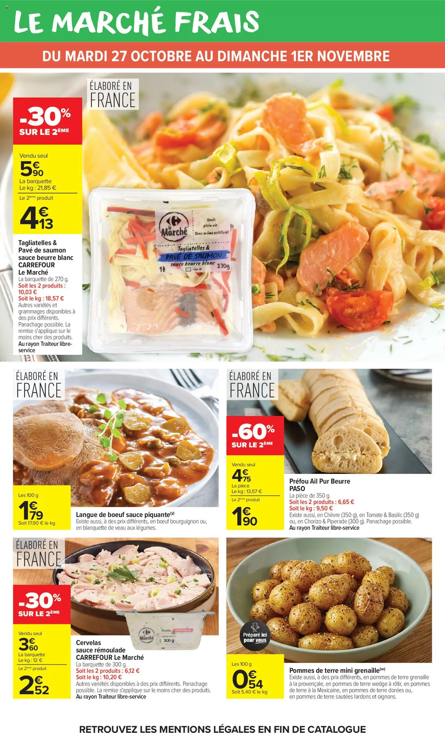 Prévisualisation de Carrefour Market catalogue du magasin Carrefour Market formulaire valide 27/10/2026 - Blanquette de veau, Saumon, Pommes de terre, Langue de bœuf, Beurre, Chorizo, Bœuf bourguignon, Pommes