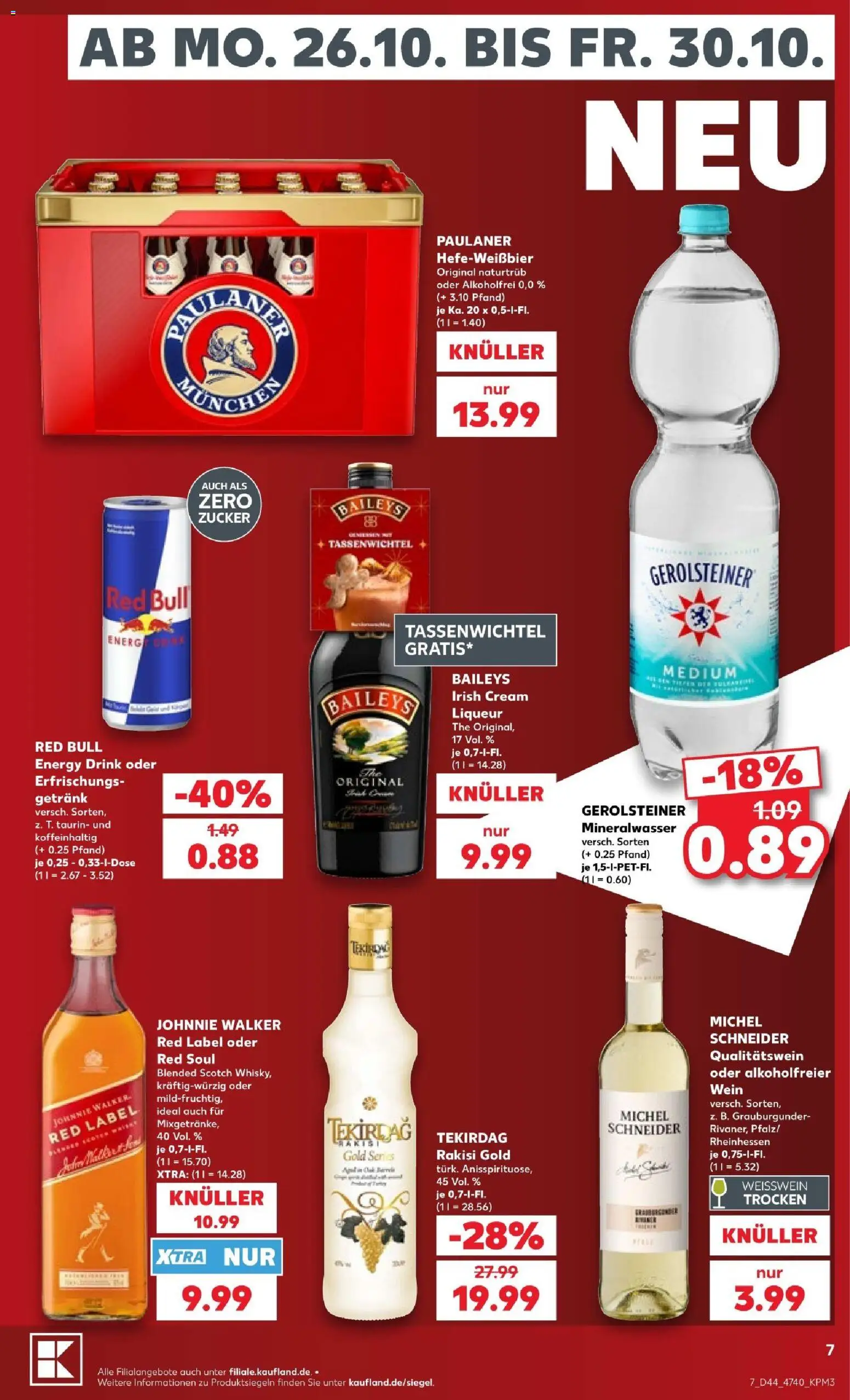 Vorschau von dem Prospekt des Geschäftes Kaufland, gültig ab dem 25.10.2026 - Red bull, Wein, Mineralwasser, Baileys, Gerolsteiner, Paulaner, Energy, Weißwein