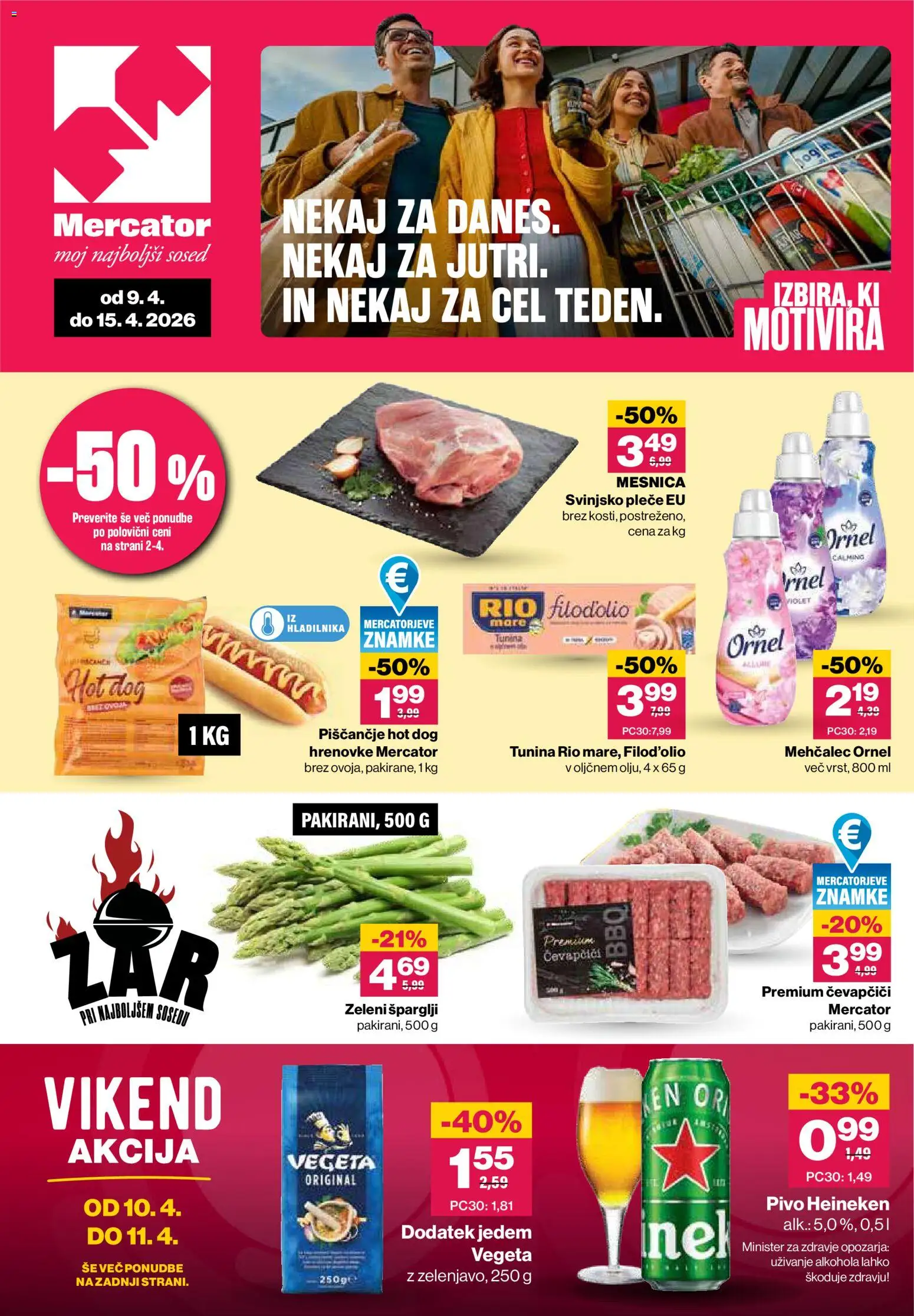 Predogled kataloga iz trgovine Mercator veljaven od 09.04.2026 - Čevapčiči, Pivo, Šparglji, Heineken, Tuna, Hrenovke, Olive, Mehčalec