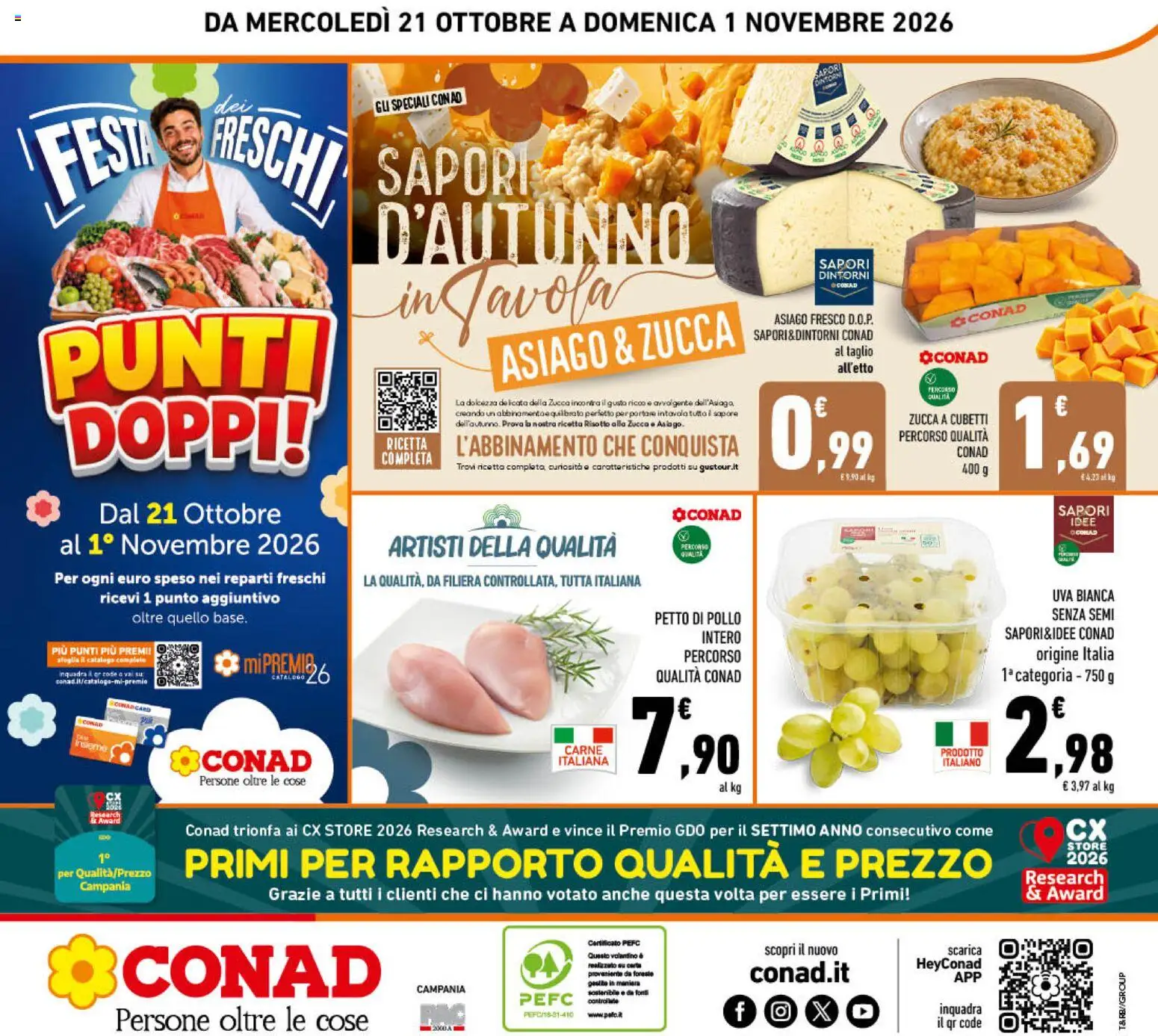 Anteprima dell'opuscolo Conad volantino Campania dal negozio Conad valido da 21/10/2026 - Pollo, Carne, Formaggio, Uva, Taglio, Formaggio asiago, Dolcezza, Pollo intero