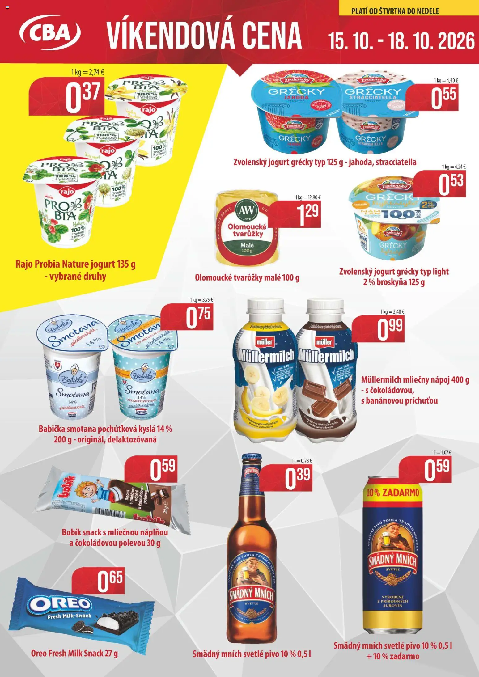 Náhľad CBA Komfos letáku platného od 15.10.2026 - Pivo, Oreo, Jogurt, Smotana, Smädný Mních, Tvarôžky