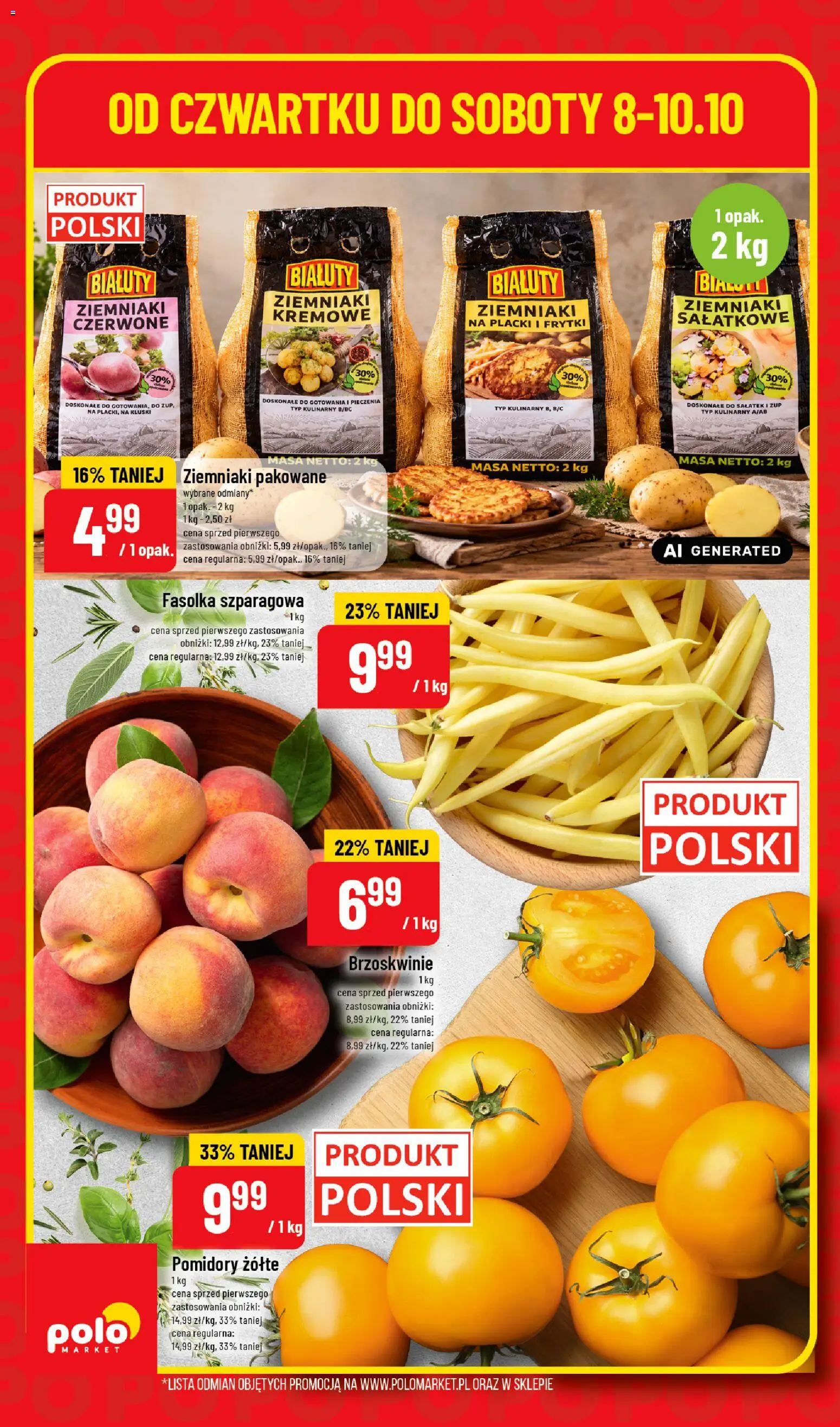 Pogląd gazetki "POLOmarket gazetka - Super Hity" ze sklepu POLOmarket ważnej od 08.10.2026 - Ziemniaki, Fasolka szparagowa, Frytki, Brzoskwinie, Kluski, Pomidory