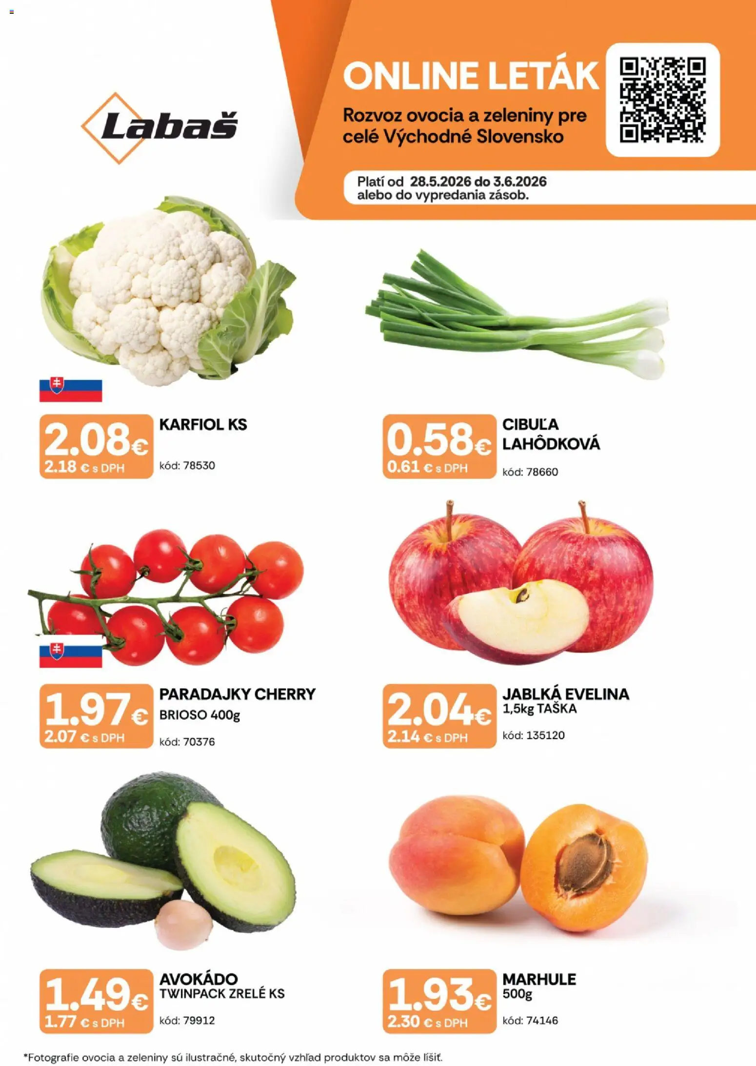 Náhľad Labaš letáku platného od 28.05.2026 - Avokádo, Paradajky, Karfiol, Cibuľa, Taška, Marhule, Jablká
