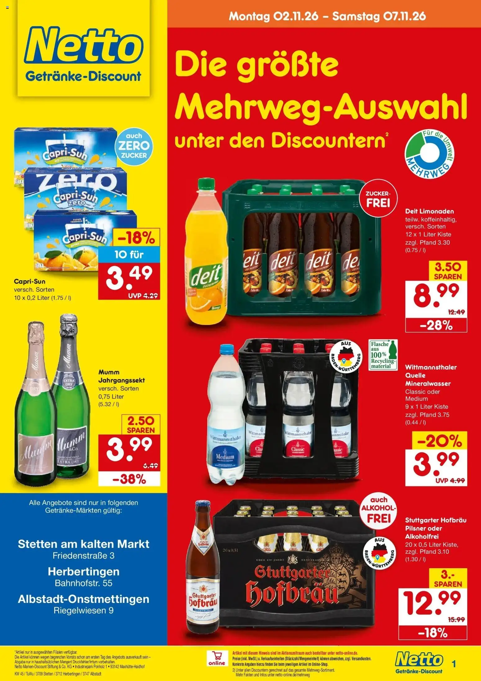Vorschau von dem Prospekt des Geschäftes Netto Marken-Discount, gültig ab dem 02.11.2026 - Mineralwasser, Alkohol, Zucker, Capri sun