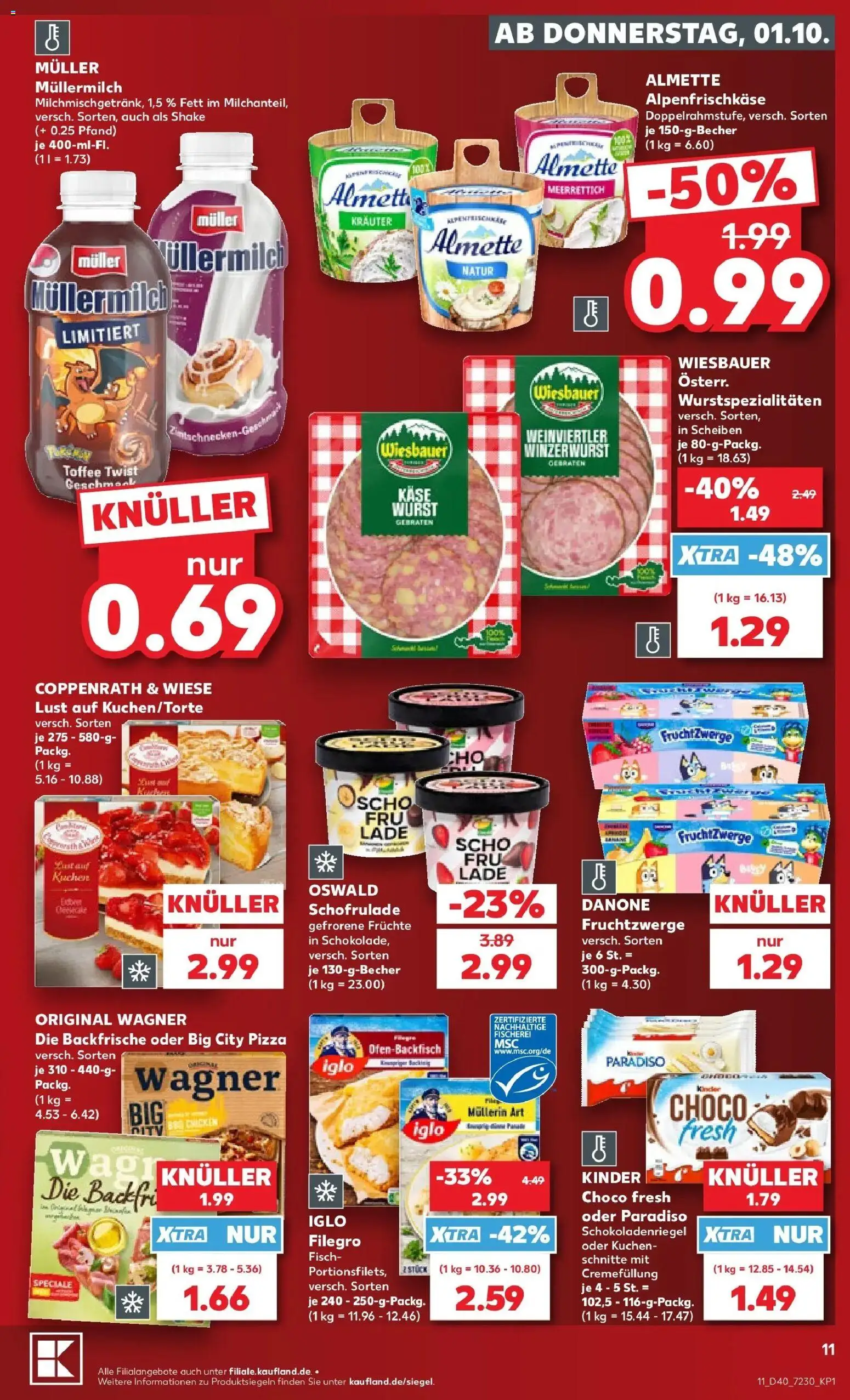 Vorschau von dem Prospekt des Geschäftes Kaufland, gültig ab dem 01.10.2026 - Pizza, Kuchen, Käse, Fisch, Müllermilch, Iglo, Almette, Muller mullermilch