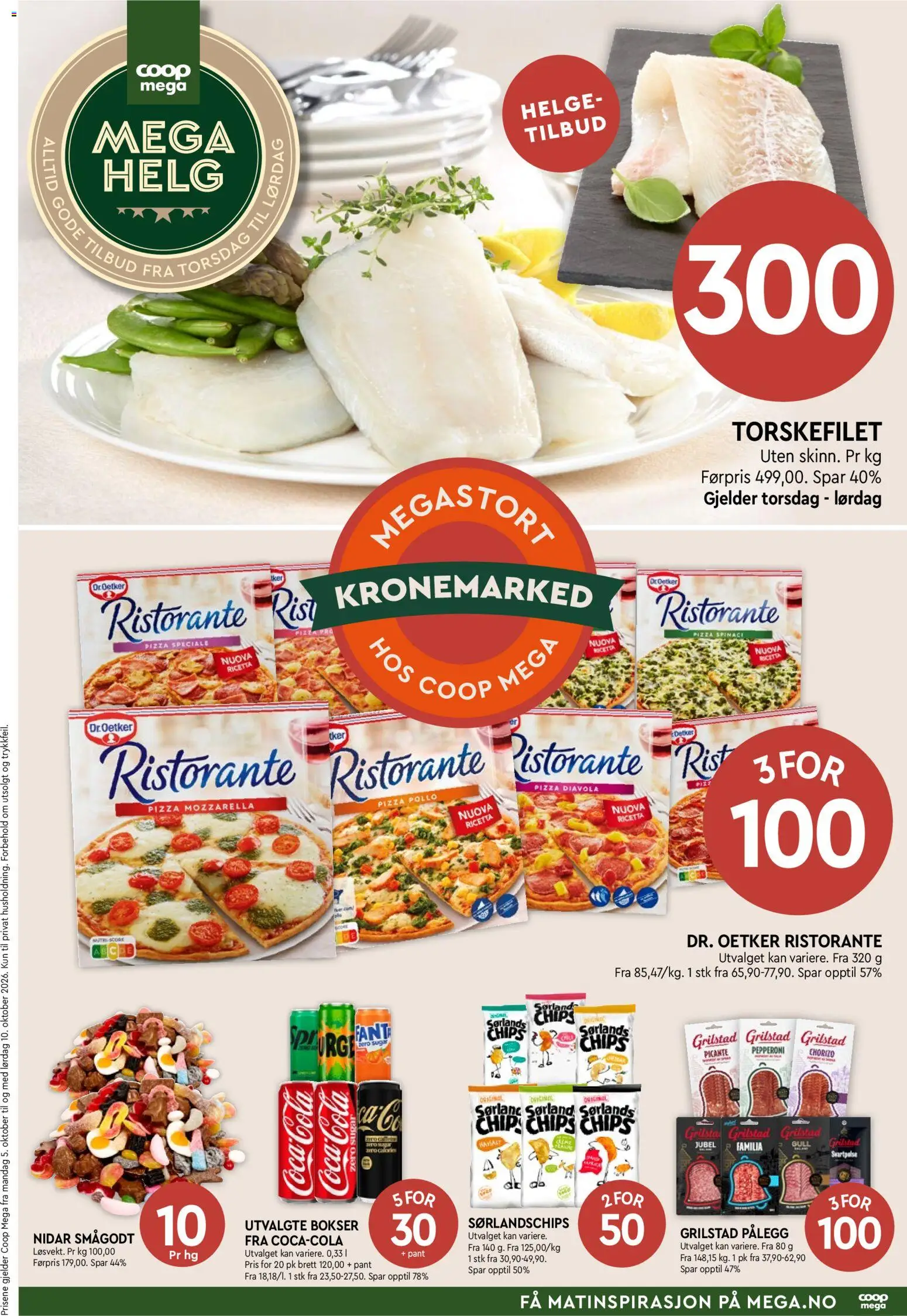 Forhåndsvis Coop Mega Mega Helg fra butikk Coop Mega gyldig fra 05/10/2026 - Pizza, Pålegg, Rist, Mozzarella, Coca Cola, Cola, Torskefilet, Grilstad