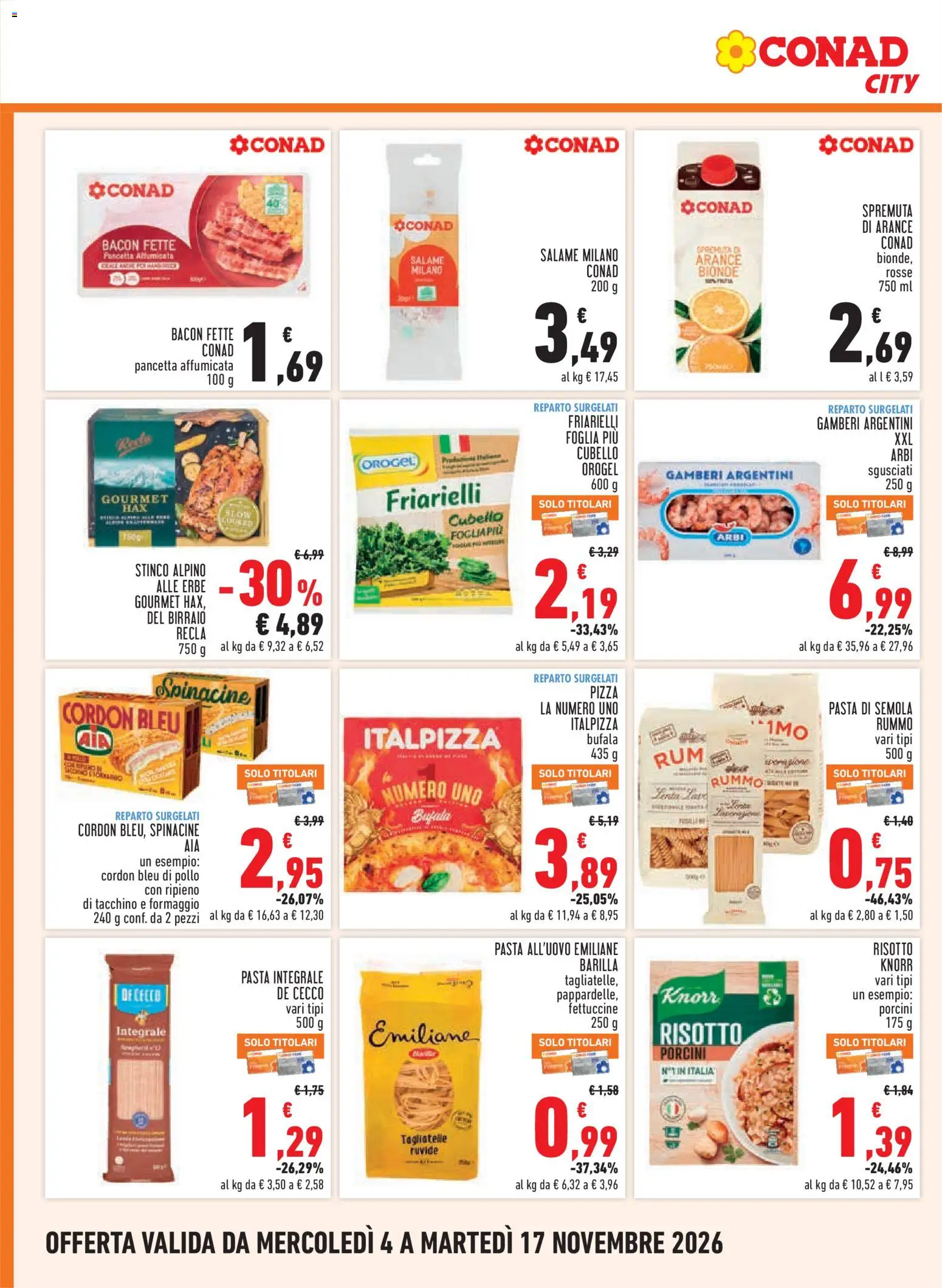 Anteprima dell'opuscolo Conad volantino City Lazio dal negozio Conad valido da 04/11/2026 - Pizza, Pasta, Friarielli, Barilla, Fettuccine, Salame, Gamberi, Arance