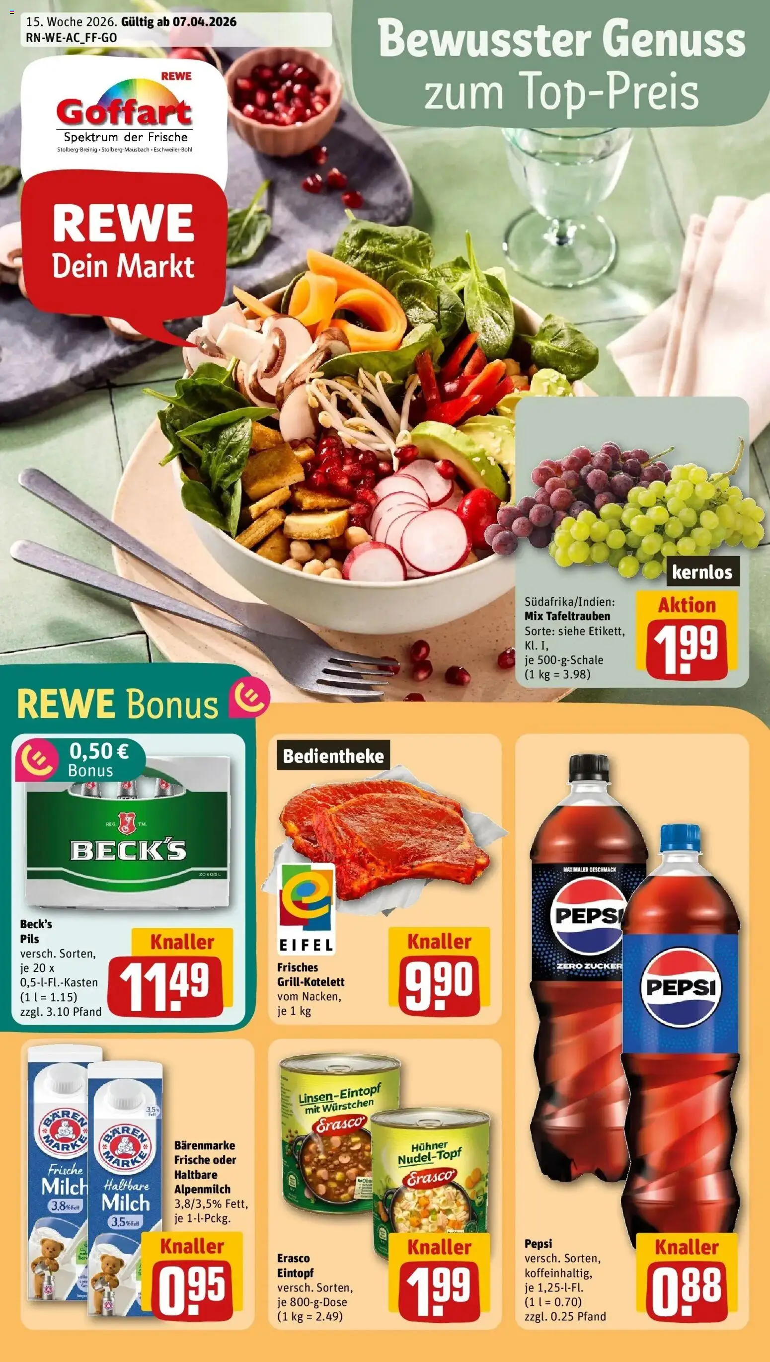 Vorschau von dem Prospekt des Geschäftes Rewe, gültig ab dem 05.04.2026 - Cola, Milch, Zucker, Pepsi, Pils, Erasco