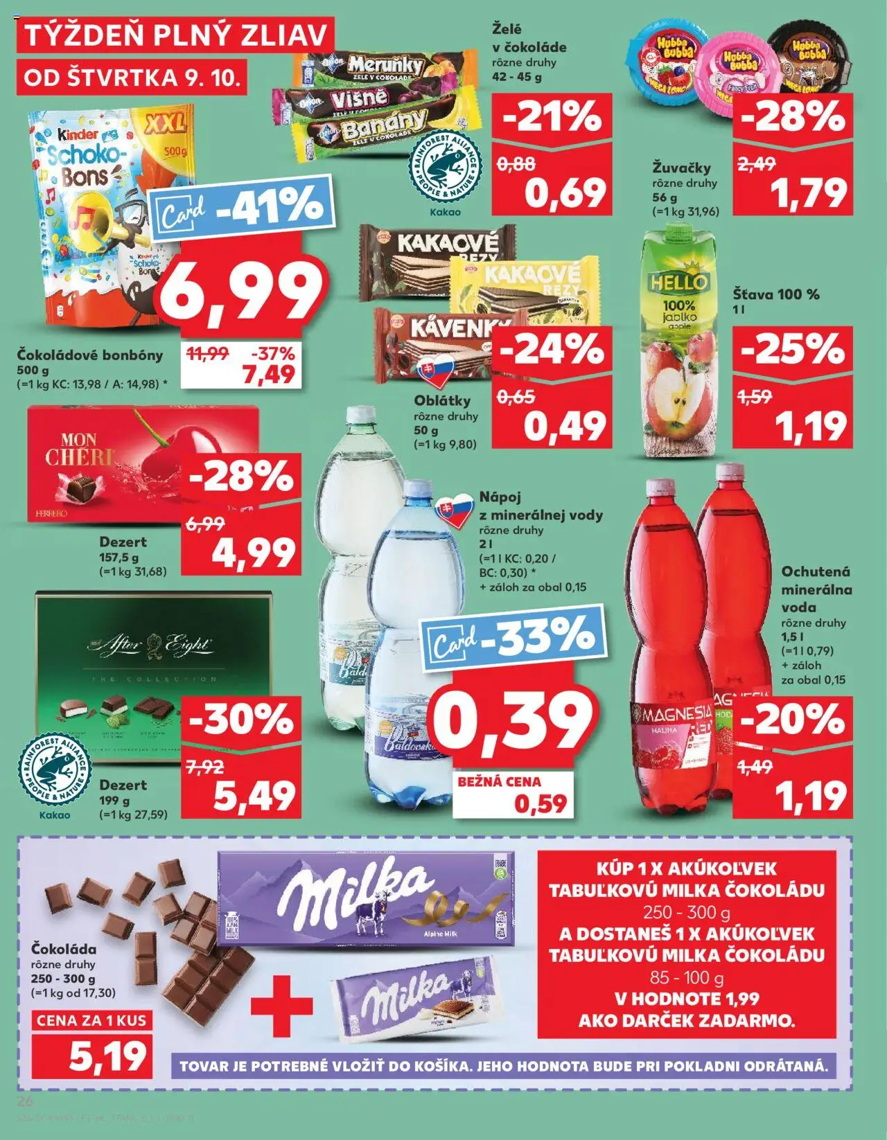 Náhľad Kaufland letáku platného od 09.10.2025 - Apple, Voda, Čokoláda, Kinder, Kakao, Žuvačky, Magnesia, Mon Chéri