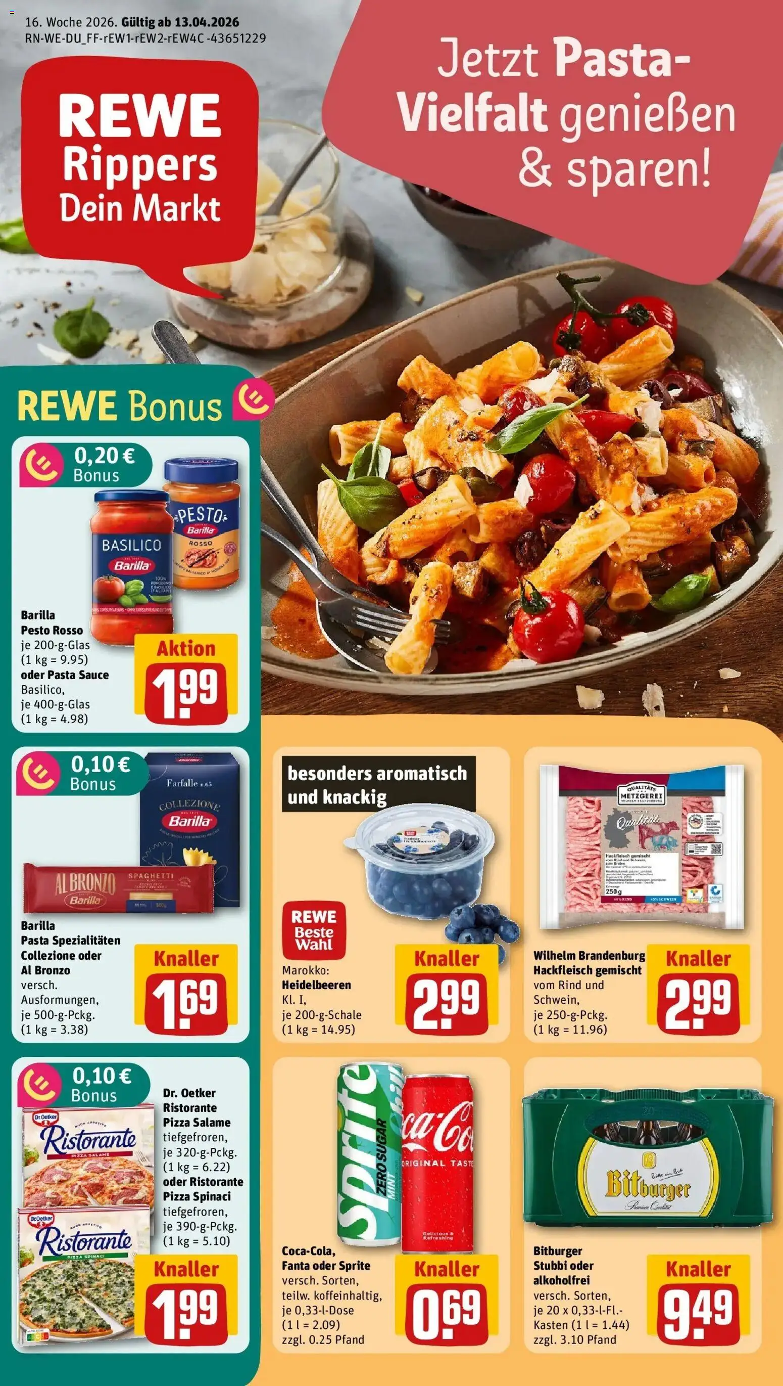 Vorschau von dem Prospekt des Geschäftes Rewe, gültig ab dem 12.04.2026 - Pasta, Spaghetti, Heidelbeeren, Ristorante, Fanta, Barilla, Sprite, Spezialitäten
