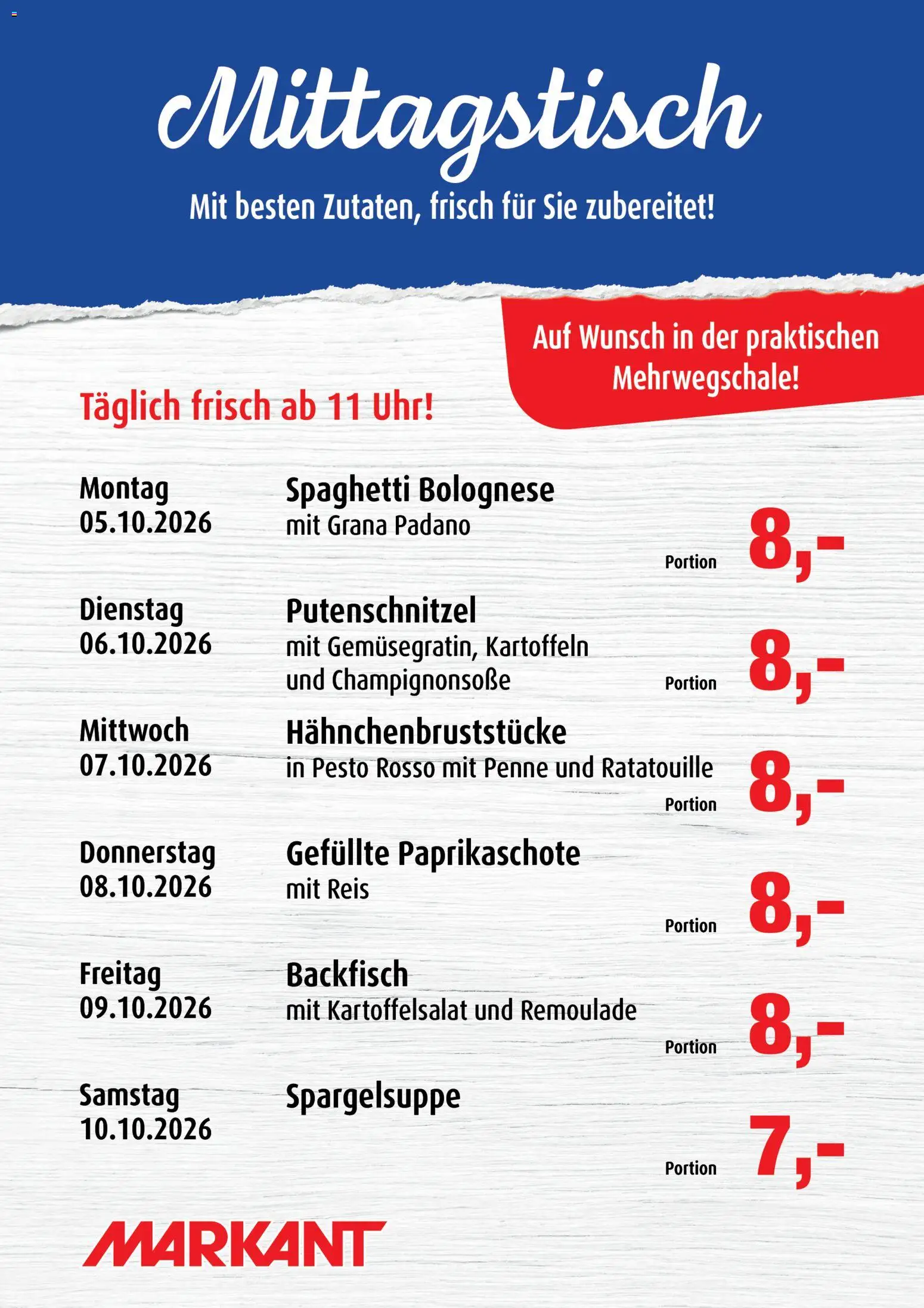 Vorschau von dem Prospekt des Geschäftes Markant, gültig ab dem 05.10.2026 - Uhr, Spaghetti, Reis, Grana Padano, Kartoffeln, Putenschnitzel