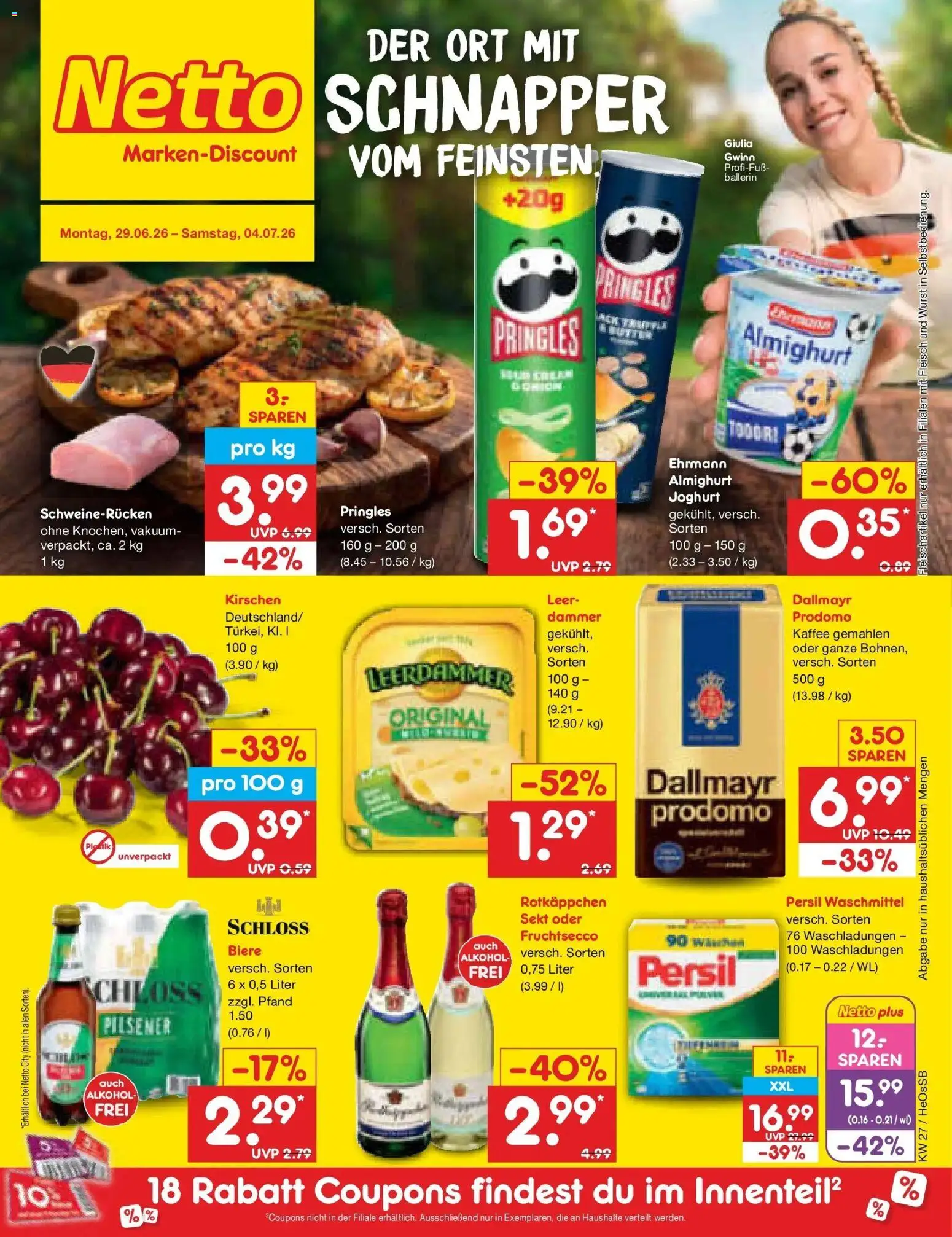 Vorschau von dem Prospekt des Geschäftes Netto Marken-Discount, gültig ab dem 29.06.2026 - Kaffee, Joghurt, Fleisch, Waschmittel, Persil, Leerdammer, Schweinerucken, Fruchtsecco