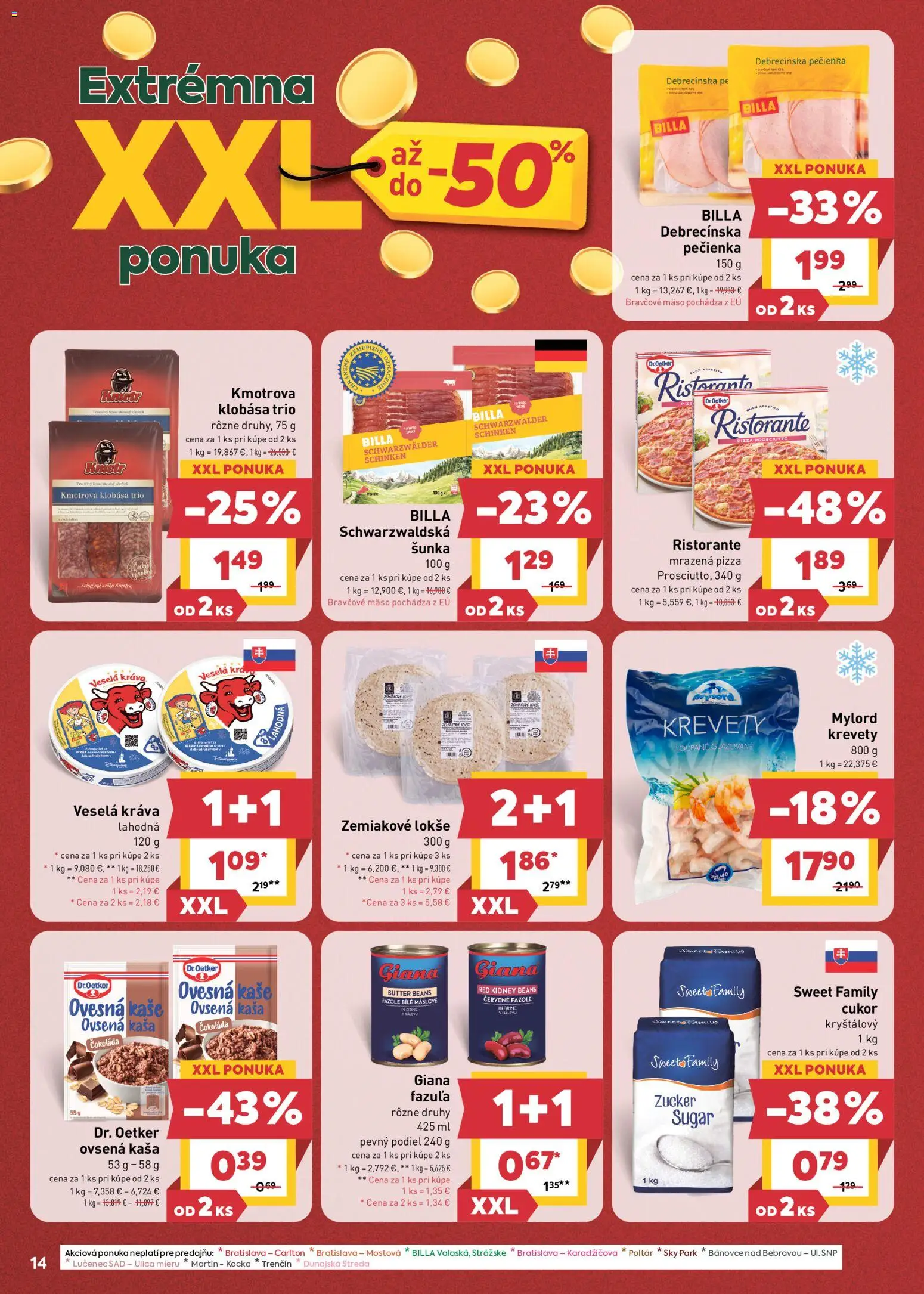 Náhľad Billa letáku platného od 14.10.2026 - Mäso, Čokoláda, Krevety, Cukor, Klobása, Fazuľa, Ovsená kaša, Mrazená pizza
