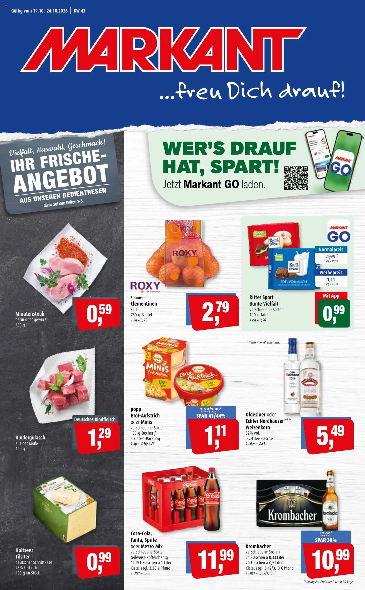 Vorschau von dem Prospekt des Geschäftes Markant, gültig ab dem 19.10.2026 - Ritter sport, Krombacher, Rindergulasch, Rindfleisch, Sprite, Mezzo mix, Oldesloer, Oder mezzo mix