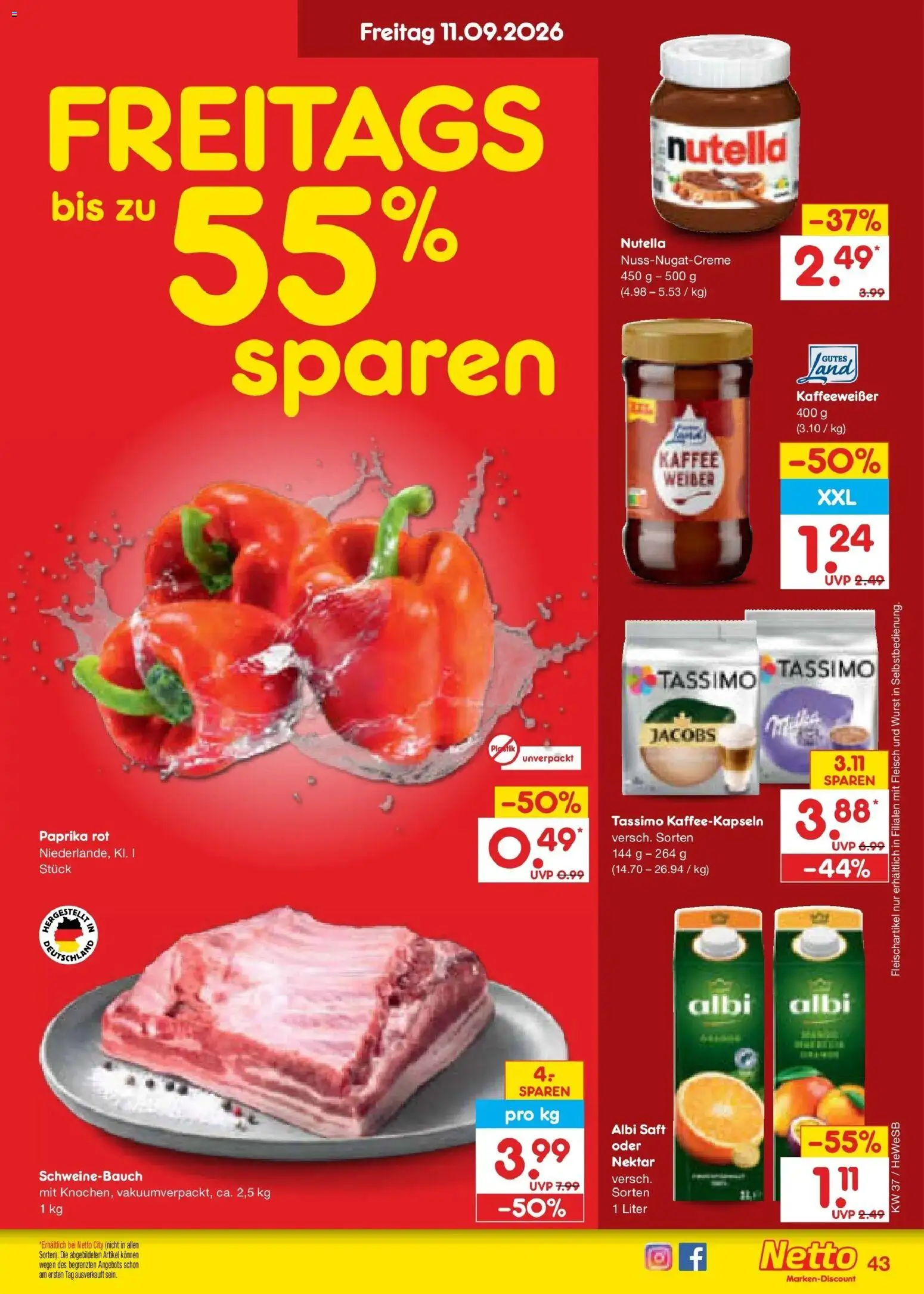 Vorschau von dem Prospekt des Geschäftes Netto Marken-Discount, gültig ab dem 07.09.2026 - Wurst, Nutella, Fleisch, Tassimo, Paprika, Schweinebauch, Saft, Paprika rot