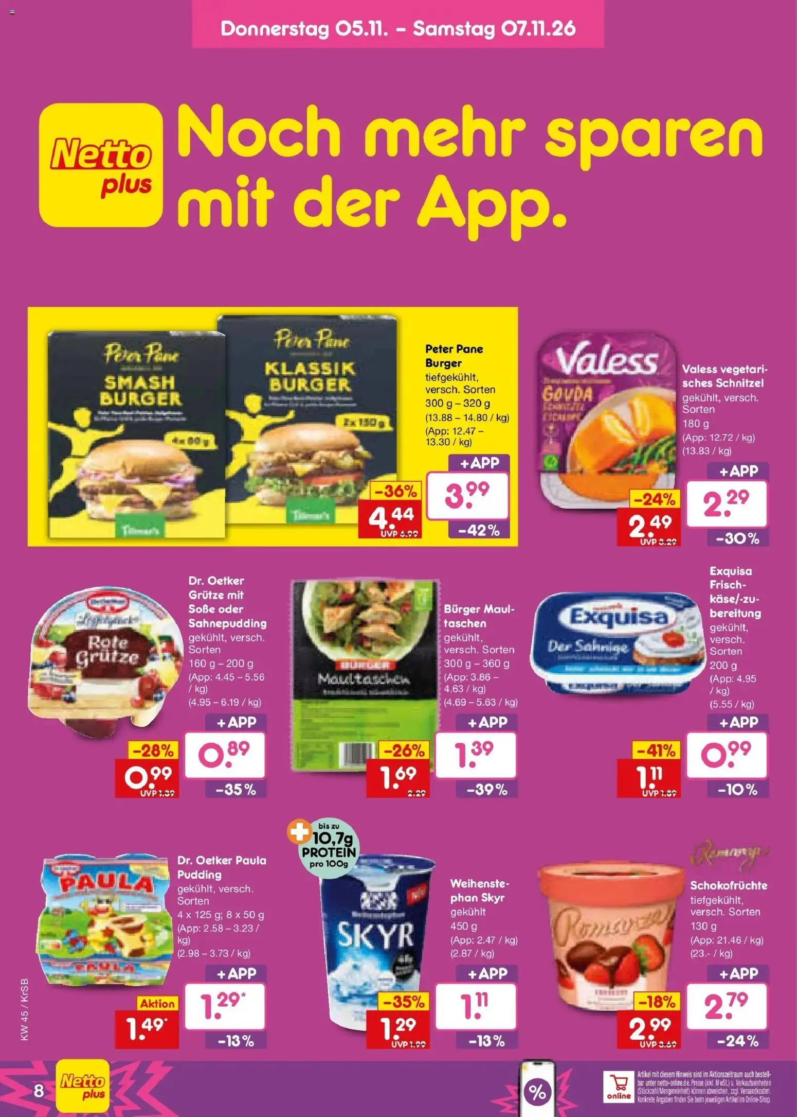 Vorschau von dem Prospekt des Geschäftes Netto Marken-Discount, gültig ab dem 02.11.2026 - Burger, Schnitzel, Taschen, Pudding, Gouda, Soße, Exquisa, Pane