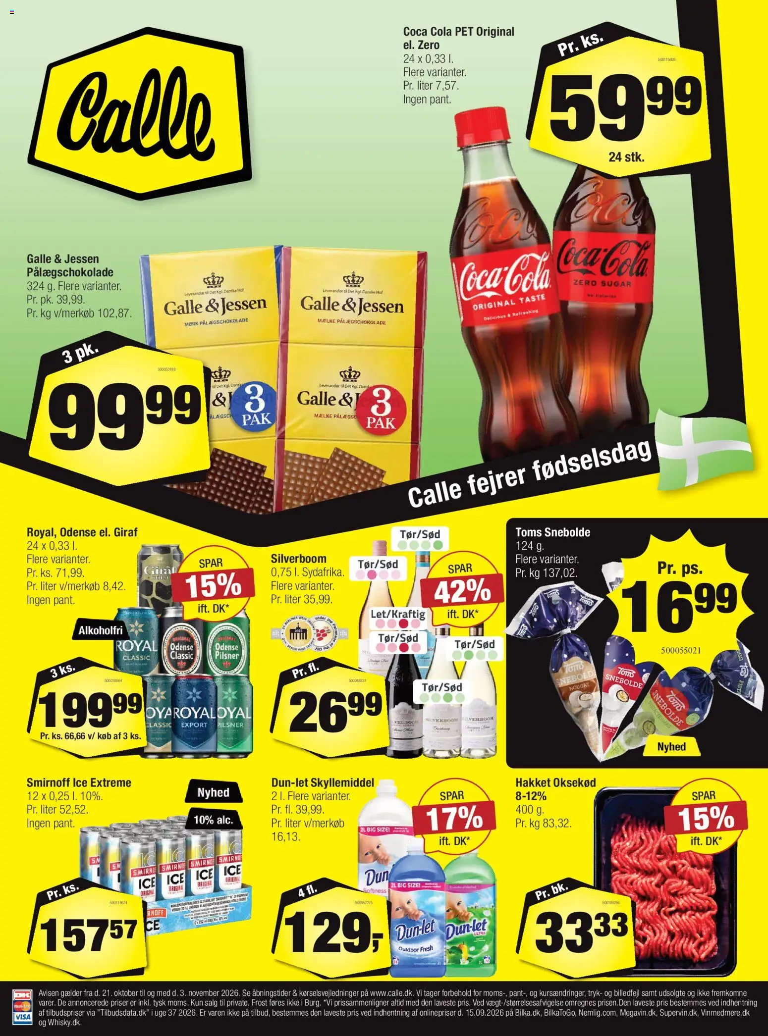 Eksempel på tilbudsavis Calle - Tilbudsavis fra butik Calle gyldig fra 21/10/2026 - Coca Cola, Cola, Oksekød, Pålægschokolade, Skyllemiddel, Nougat