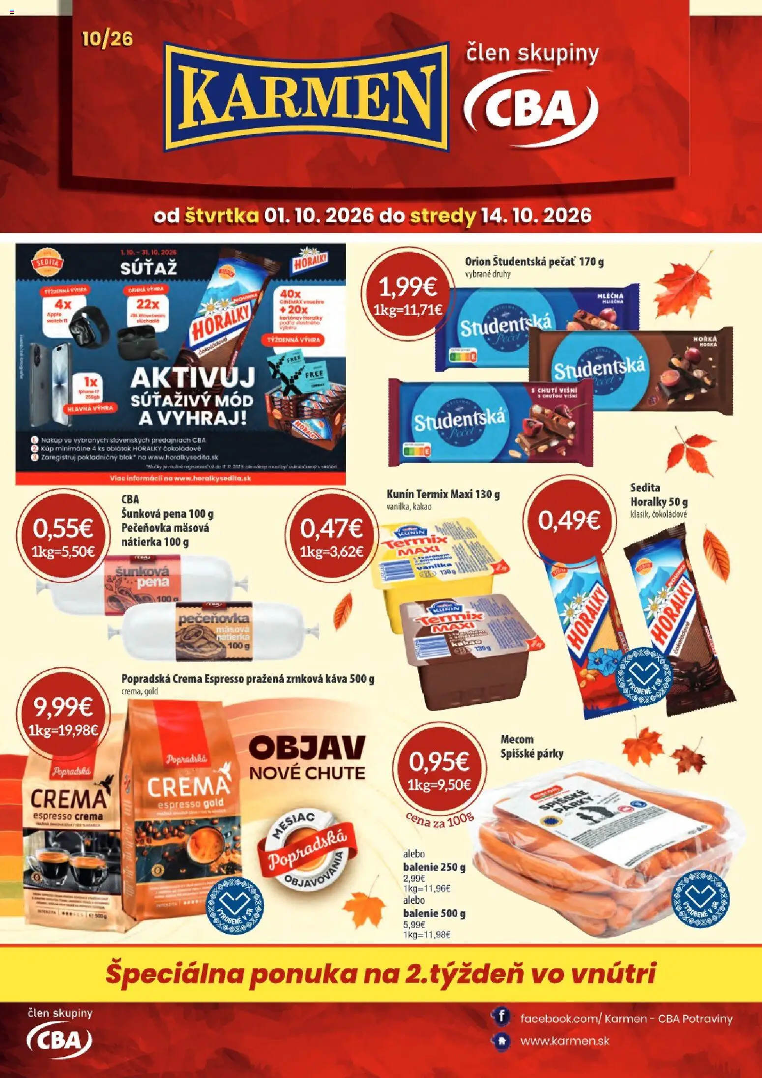 Náhľad KARMEN CBA letáku platného od 01.10.2026 - Iphone, Watch, Kakao, Párky, Vanilka, Termix, Pena, Horálky