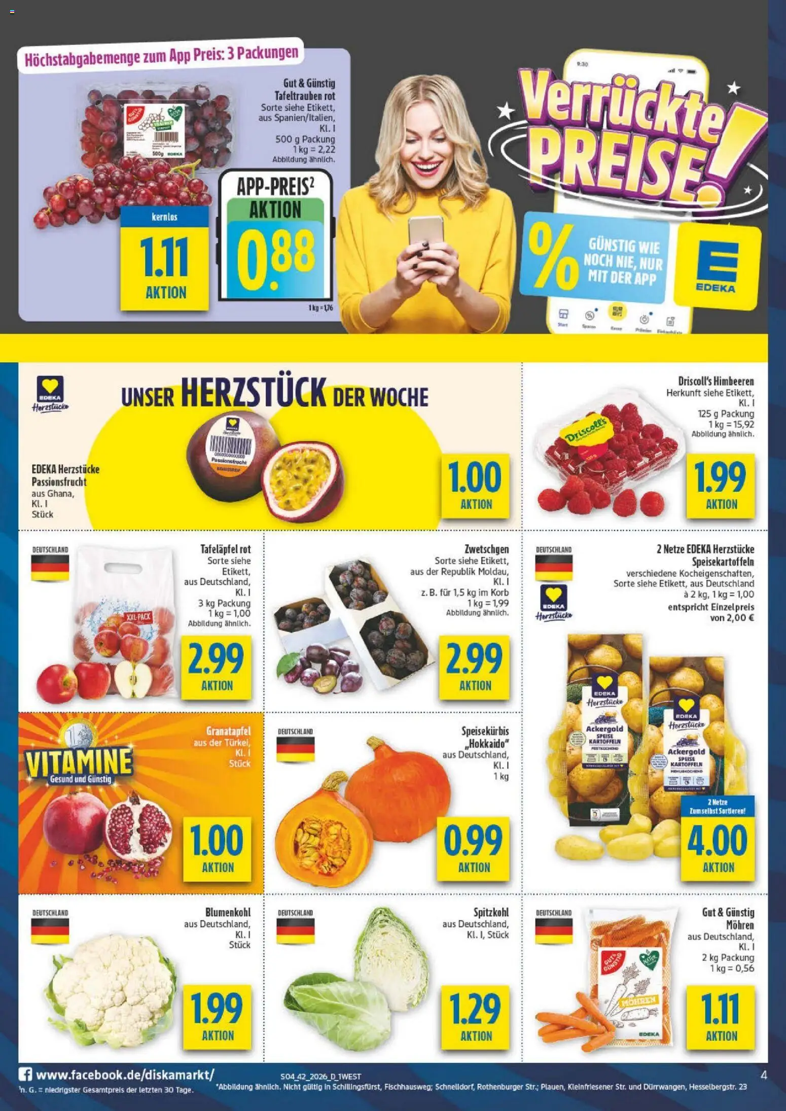 Vorschau von dem Prospekt des Geschäftes Diska, gültig ab dem 12.10.2026 - Granatapfel, Himbeeren, Blumenkohl, Korb, Zwetschgen, Kartoffeln, Mohren