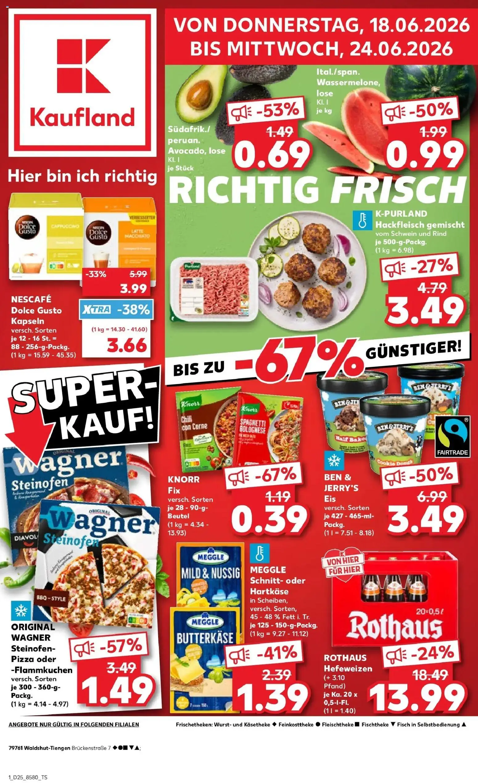 Vorschau von dem Prospekt des Geschäftes Kaufland, gültig ab dem 18.06.2026 - Fisch, Wurst, Spaghetti, Hackfleisch, Dolce gusto, Chili, Nescafe, Knorr