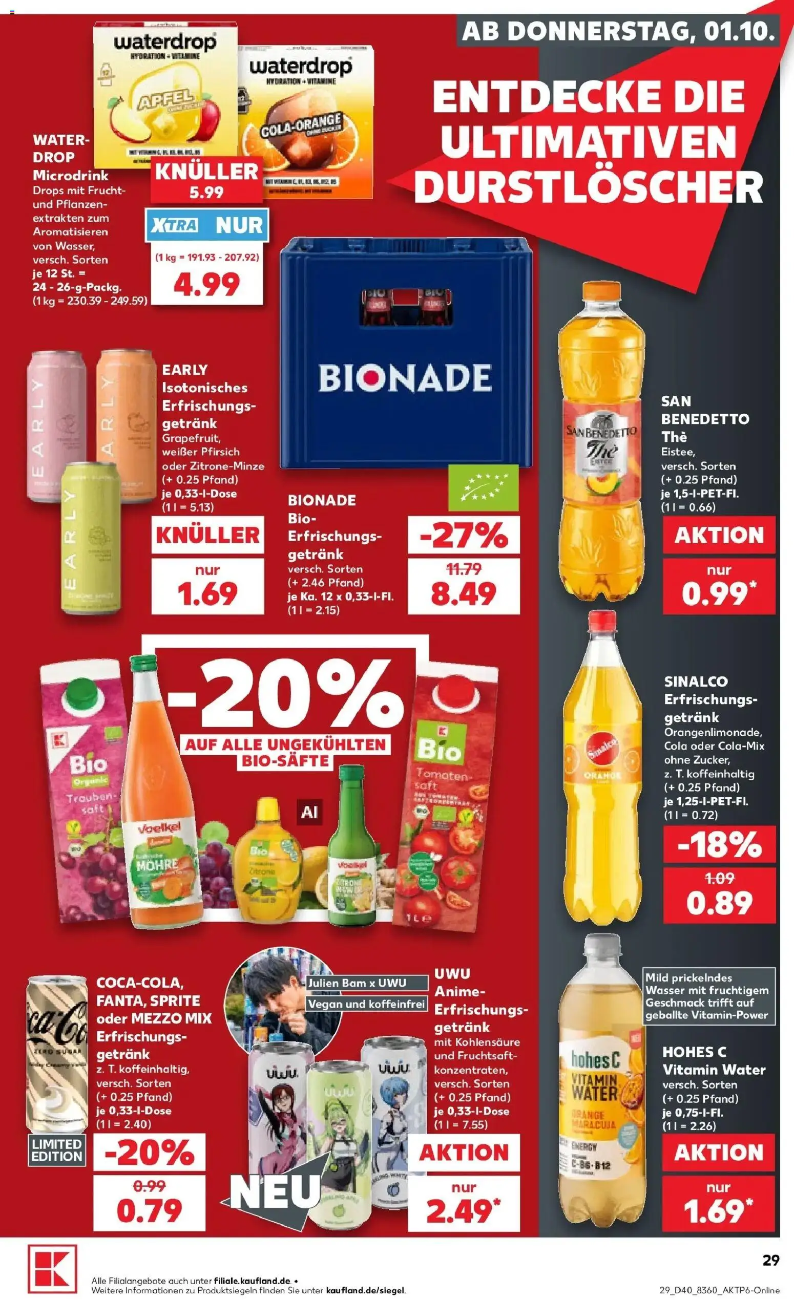 Vorschau von dem Prospekt des Geschäftes Kaufland, gültig ab dem 01.10.2026 - Wasser, Äpfel, Cola, Zitrone, Mezzo mix, Sinalco, Fruchtsaft, Durstloscher