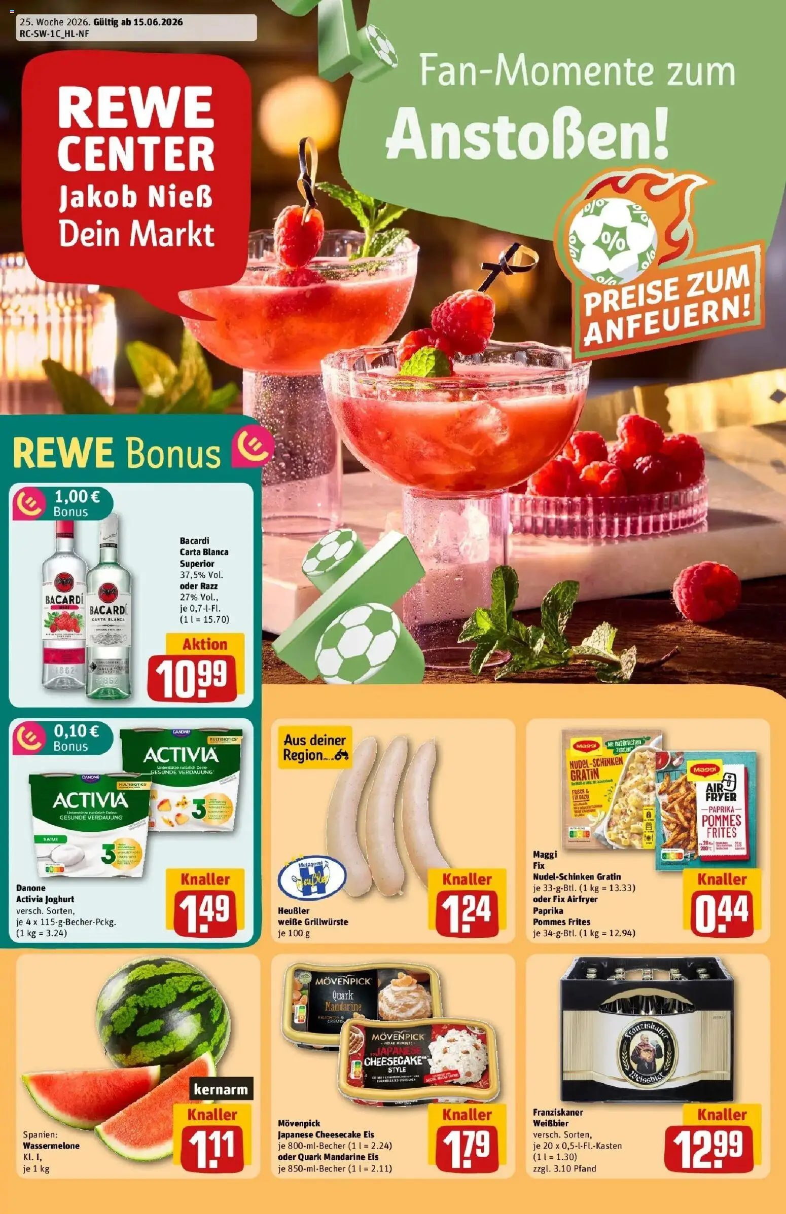 Vorschau von dem Prospekt des Geschäftes Rewe, gültig ab dem 14.06.2026 - Pommes, Maggi, Quark, Bacardi, Paprika, Pommes frites, Weißbier, Danone activia