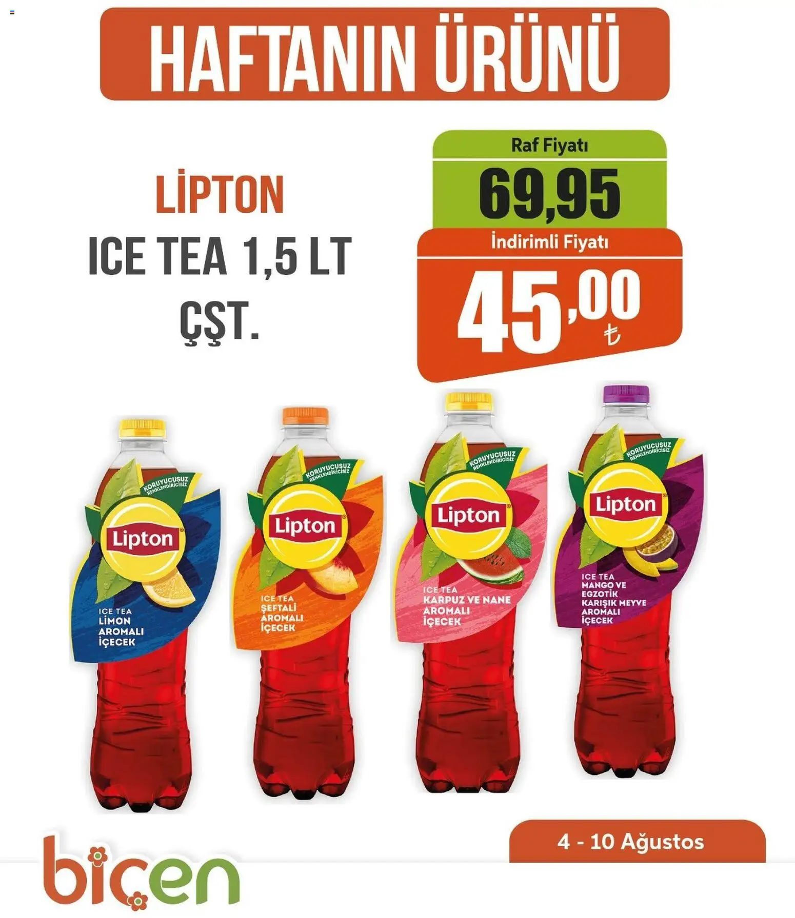 Biçen Market Biçen Market - Haftanın Ürünü 04.08.2026 - Broşürünün önizlemesi - Mango, Limon, Karpuz, Raf, Meyve, Şeftali, Nane, Ice tea