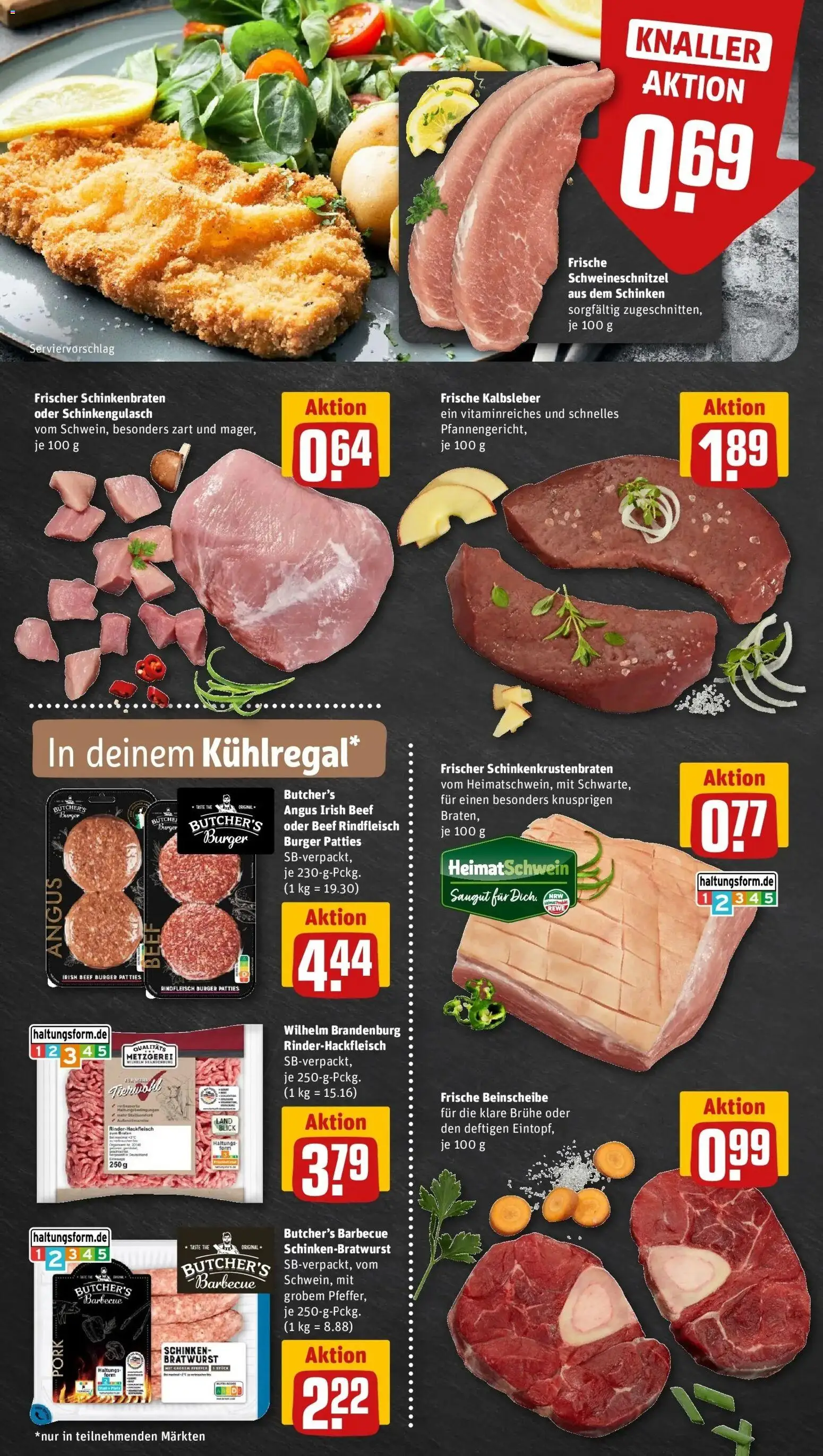 Vorschau von dem Prospekt des Geschäftes Rewe, gültig ab dem 05.04.2026 - Burger, Schnitzel, Bratwurst, Schinken, Rindfleisch, Brühe, Kalbsleber