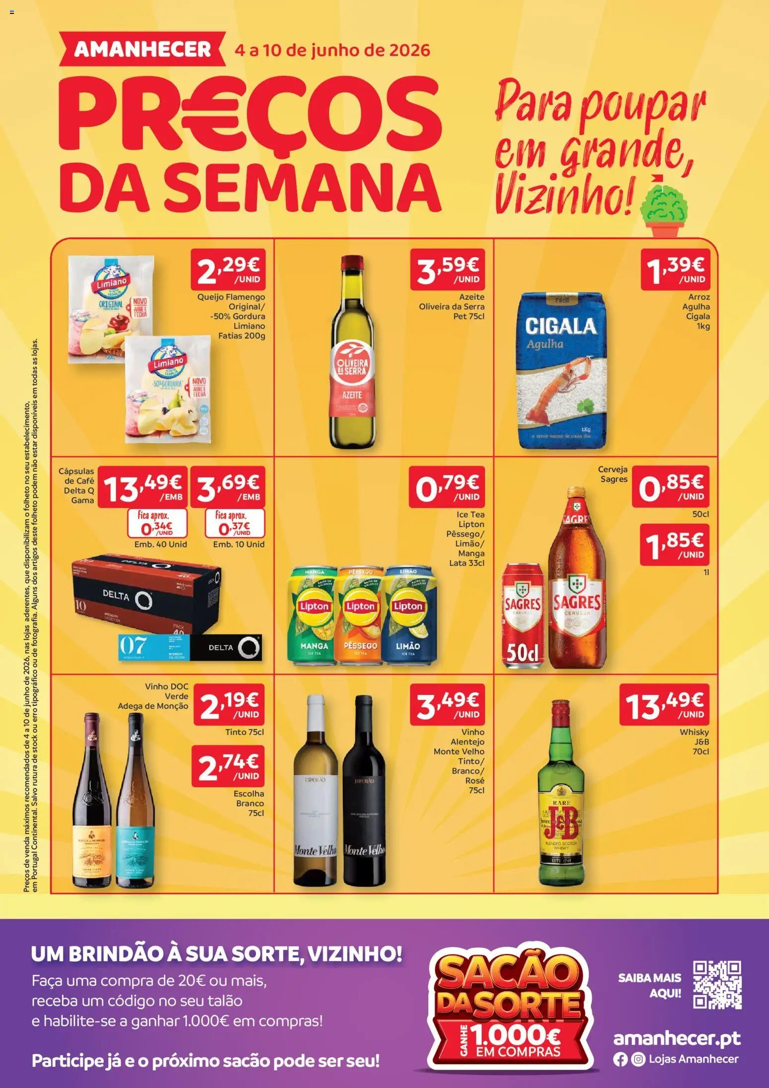 Pré-visualização do folheto da loja Amanhecer válida a partir de 04/06/2026 - Café, Azeite, Vinho, Delta q, Cerveja, Arroz, Queijo, Faca