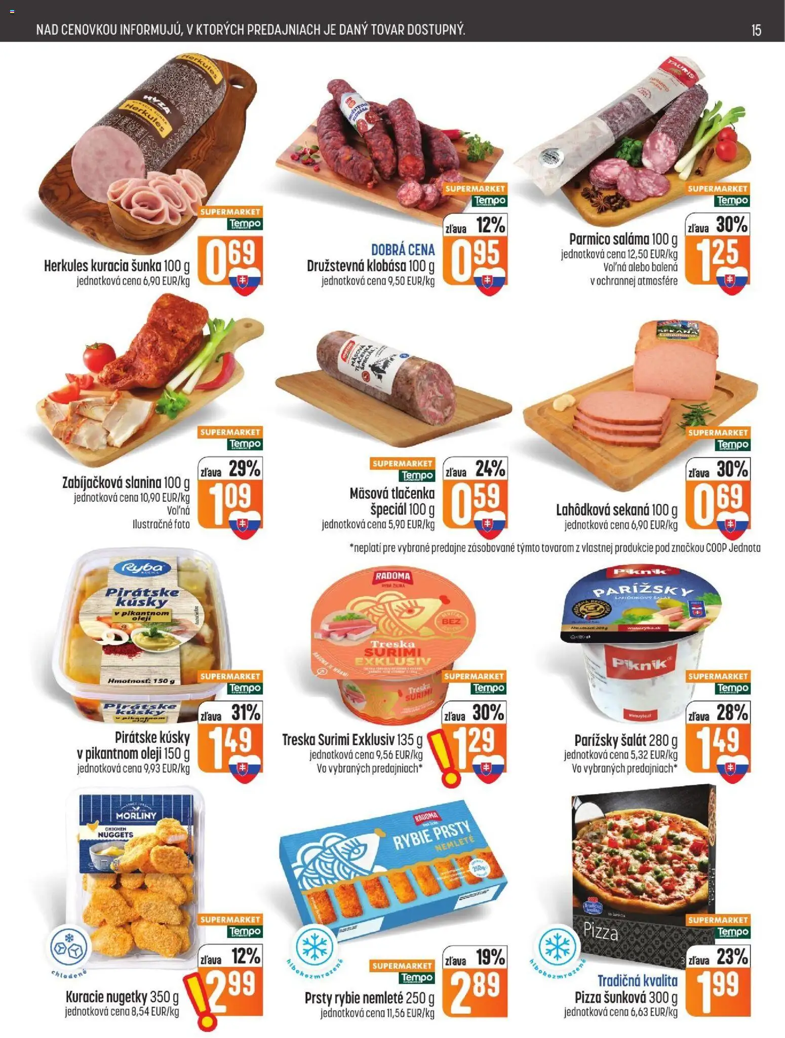Náhľad COOP Jednota letáku platného od 29.10.2026 - Pizza, Ryba, Šalát, Flora, Klobása, Slanina, Rybie prsty, Kuracia šunka