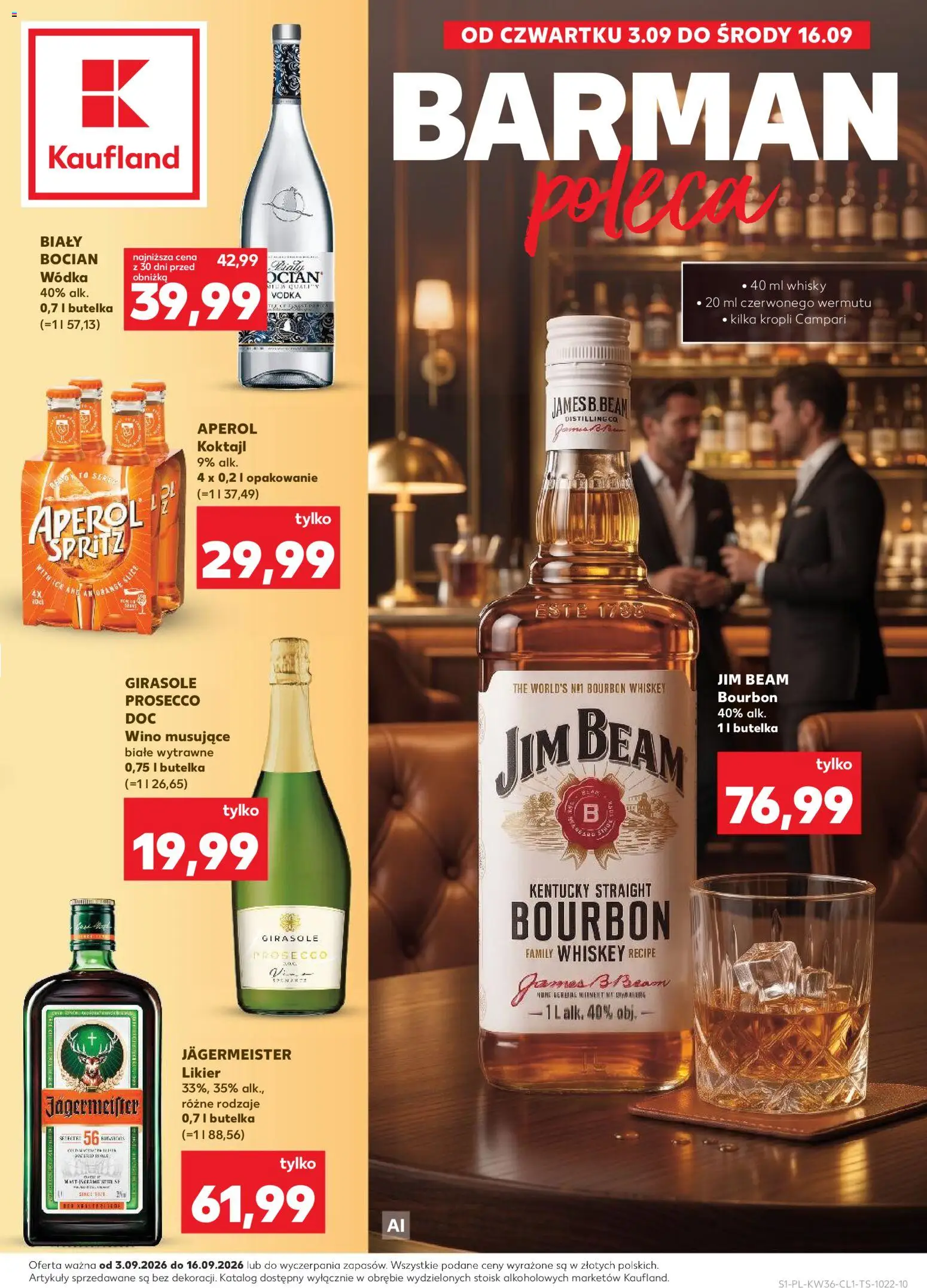 Náhled nabídky: Kaufland Polsko Kaufland Polsko leták - Barek platný od 03.09.2026 - Prosecco, Aperol, Jim Beam, Campari, Whiskey, Bourbon, Spritz, Jägermeister