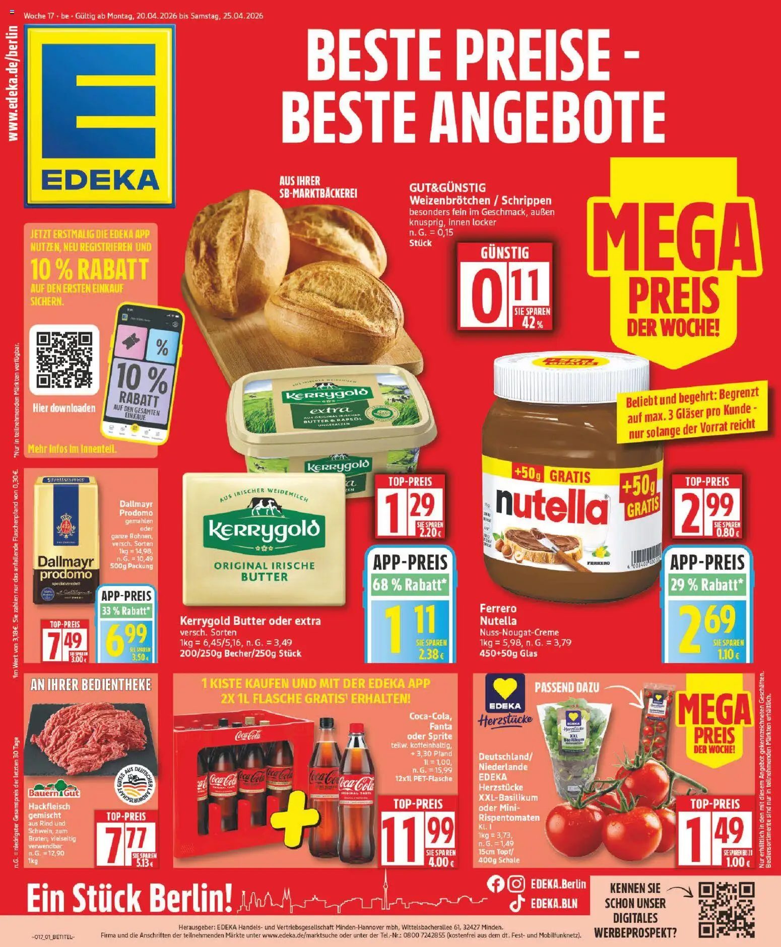 Vorschau von dem Prospekt des Geschäftes Edeka, gültig ab dem 20.04.2026 - Butter, Coca cola, Nutella, Cola, Dallmayr, Fanta, Sprite, Dallmayr prodomo