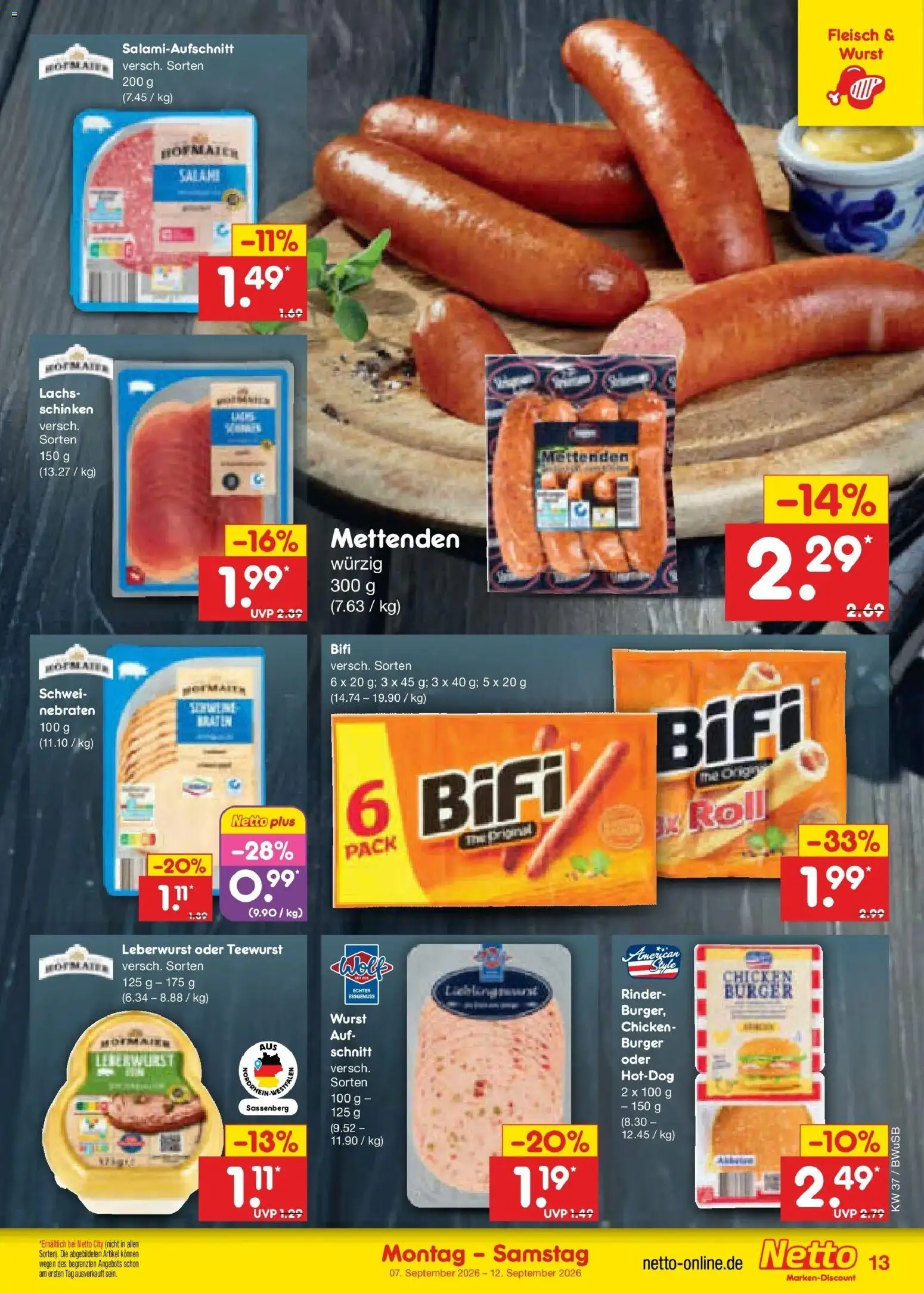 Vorschau von dem Prospekt des Geschäftes Netto Marken-Discount, gültig ab dem 07.09.2026 - Burger, Wurst, Lachs, Fleisch, Salami, Schinken, Bifi