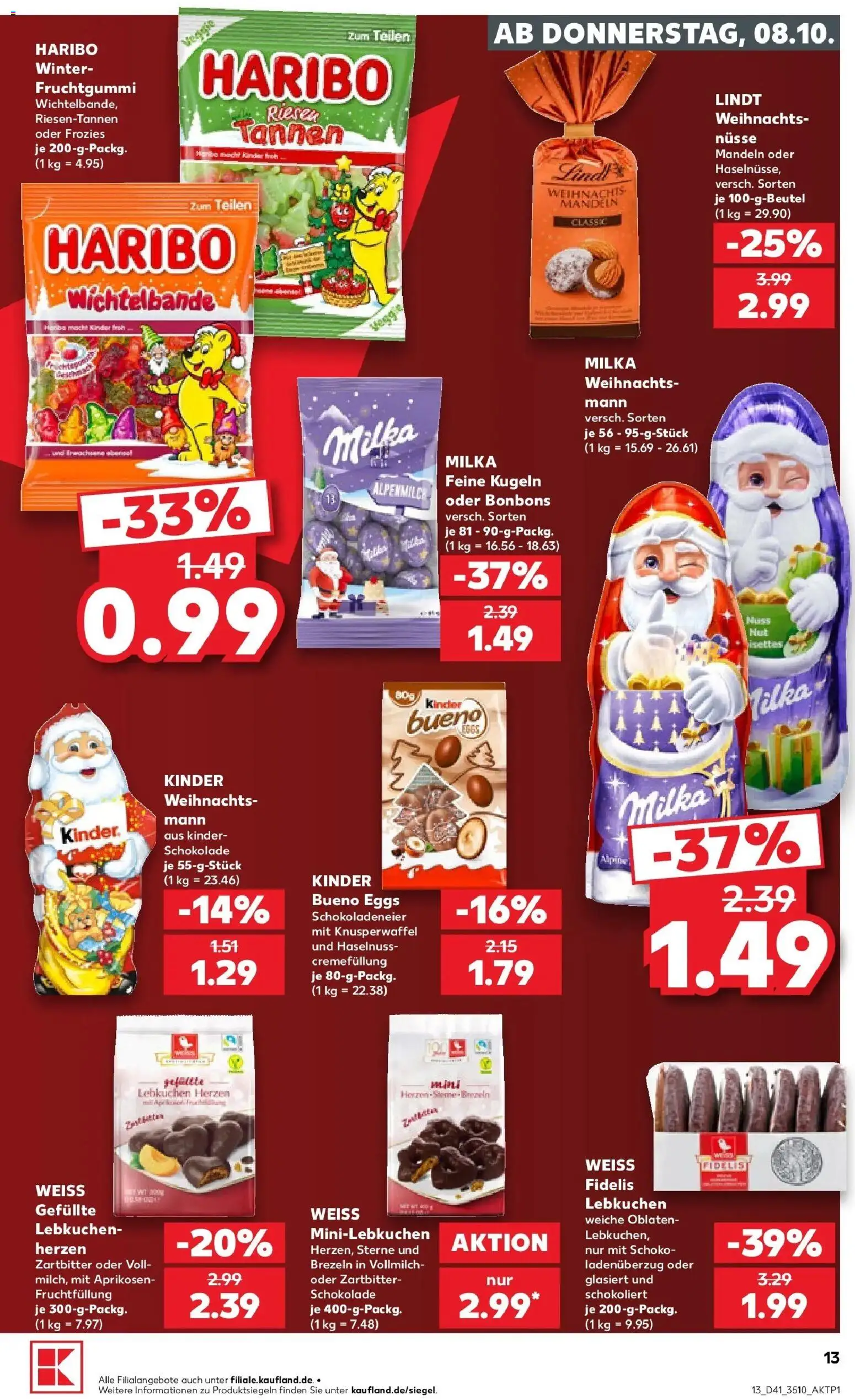 Vorschau von dem Prospekt des Geschäftes Kaufland, gültig ab dem 08.10.2026 - Schokolade, Haribo, Lindt, Milka, Mandeln, Nüsse, Kinder bueno