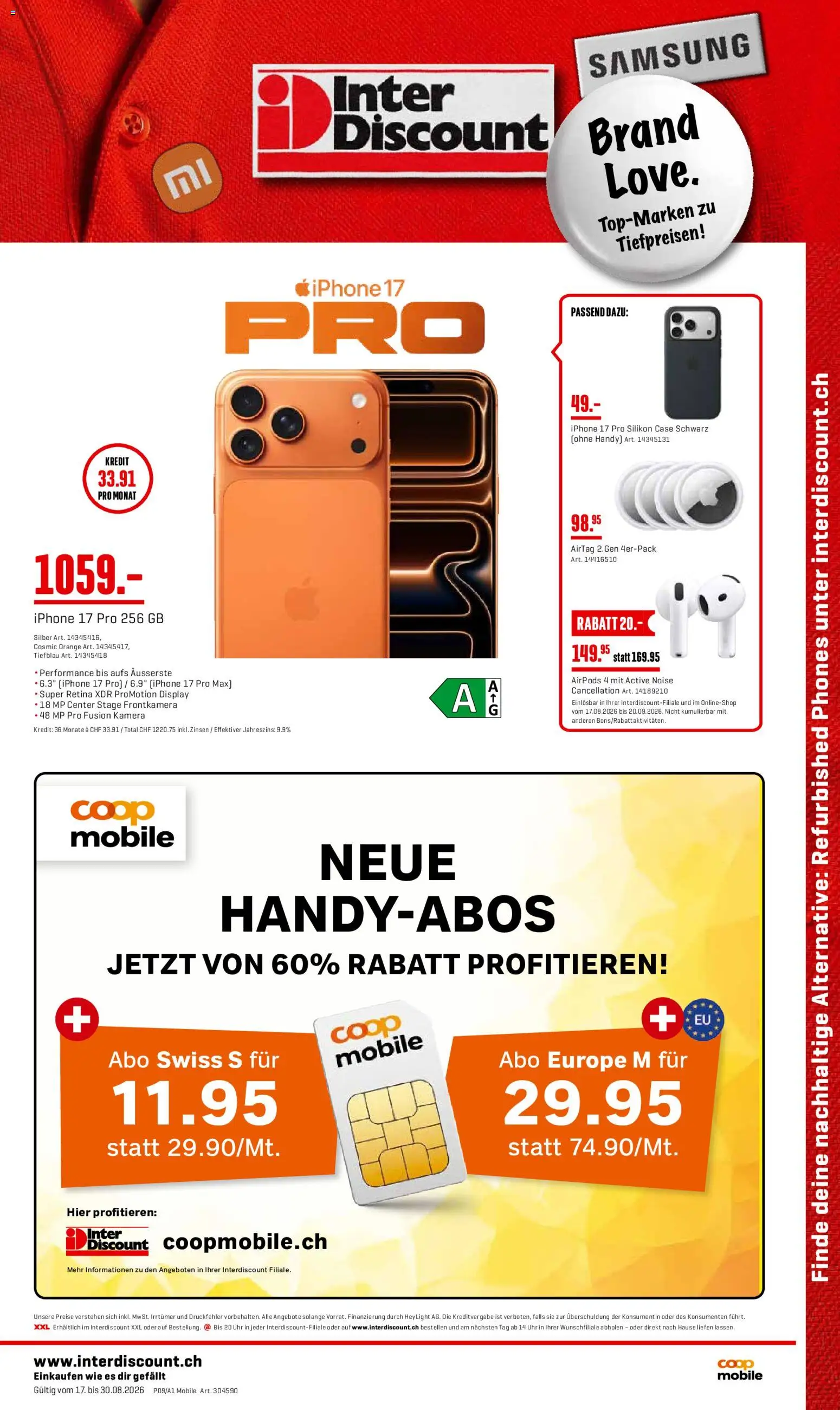 Vorschau des Merkblatts Interdiscount aktionen Mobile vom Shop Interdiscount gültig von 17.08.2026 bis 30.08.2026 - Samsung, Iphone, Airpods, Uhr, Kamera