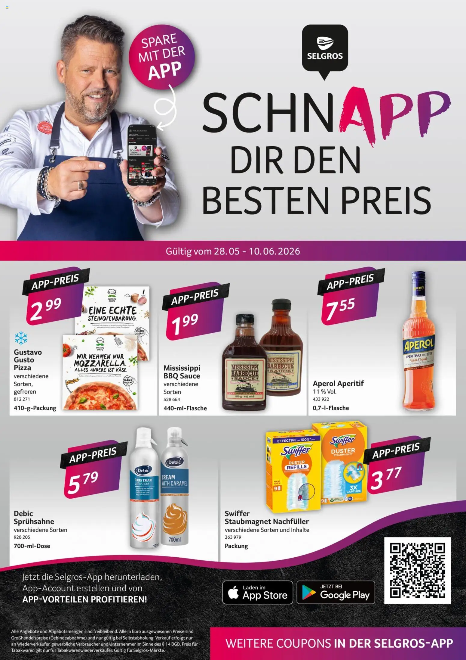 Vorschau von dem Prospekt des Geschäftes Selgros, gültig ab dem 28.05.2026 - Pizza, Aperol, Mozzarella, Swiffer, Gustavo gusto