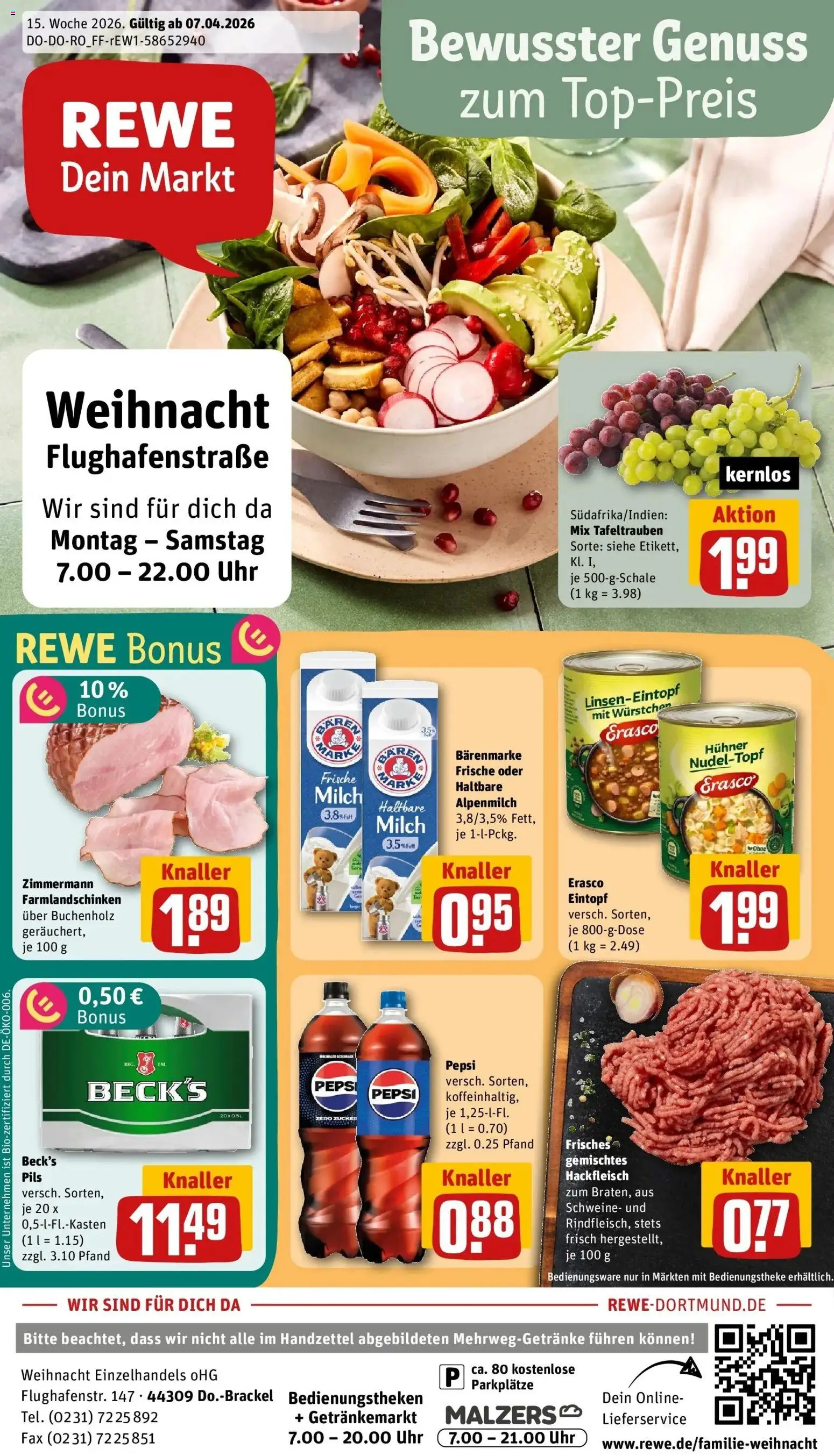 Vorschau von dem Prospekt des Geschäftes Rewe, gültig ab dem 05.04.2026 - Uhr, Milch, Hackfleisch, Zucker, Pepsi, Pils, Erasco