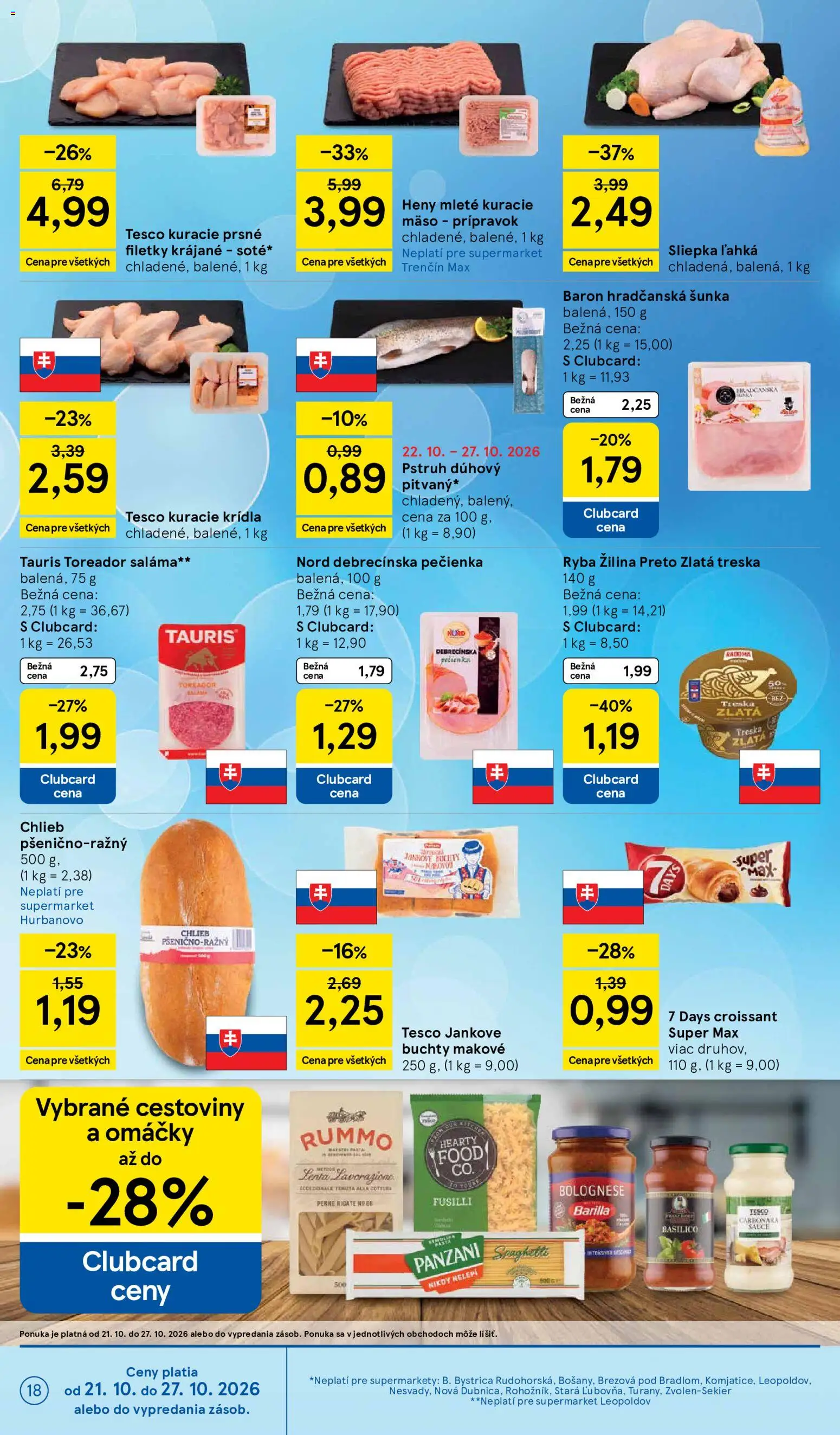 Náhľad Tesco letáku platného od 21.10.2026 - Mäso, Cestoviny, Kuracie mäso, Croissant, Treska, Pstruh, Penne, Barilla