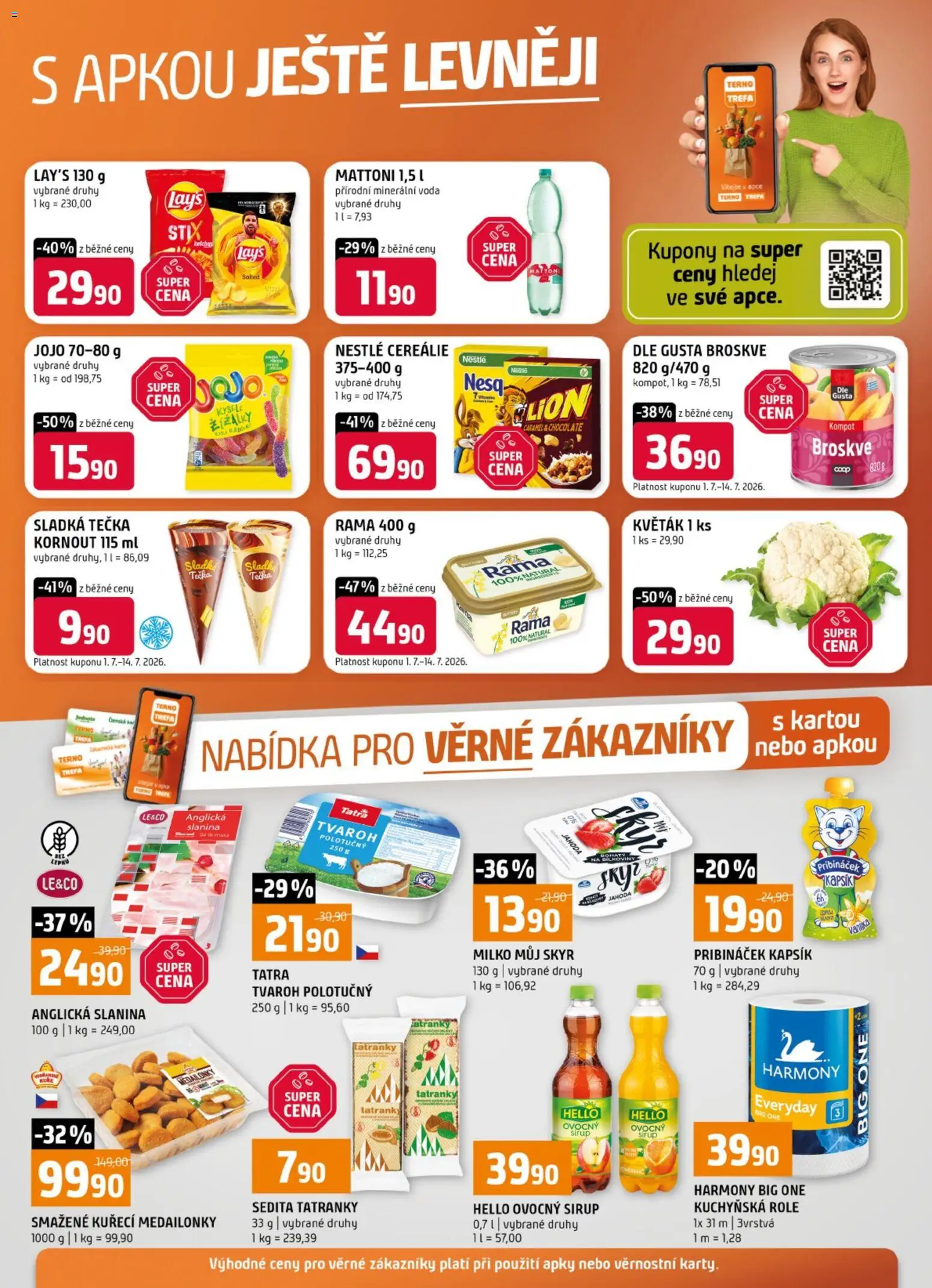Náhled nabídky: Terno Terno leták - Nabídka pro věrné zákazníky platný od 01.07.2026 - Voda, Mattoni, Jojo, Skyr, Pribináček, Kompot, Anglická slanina, Broskve