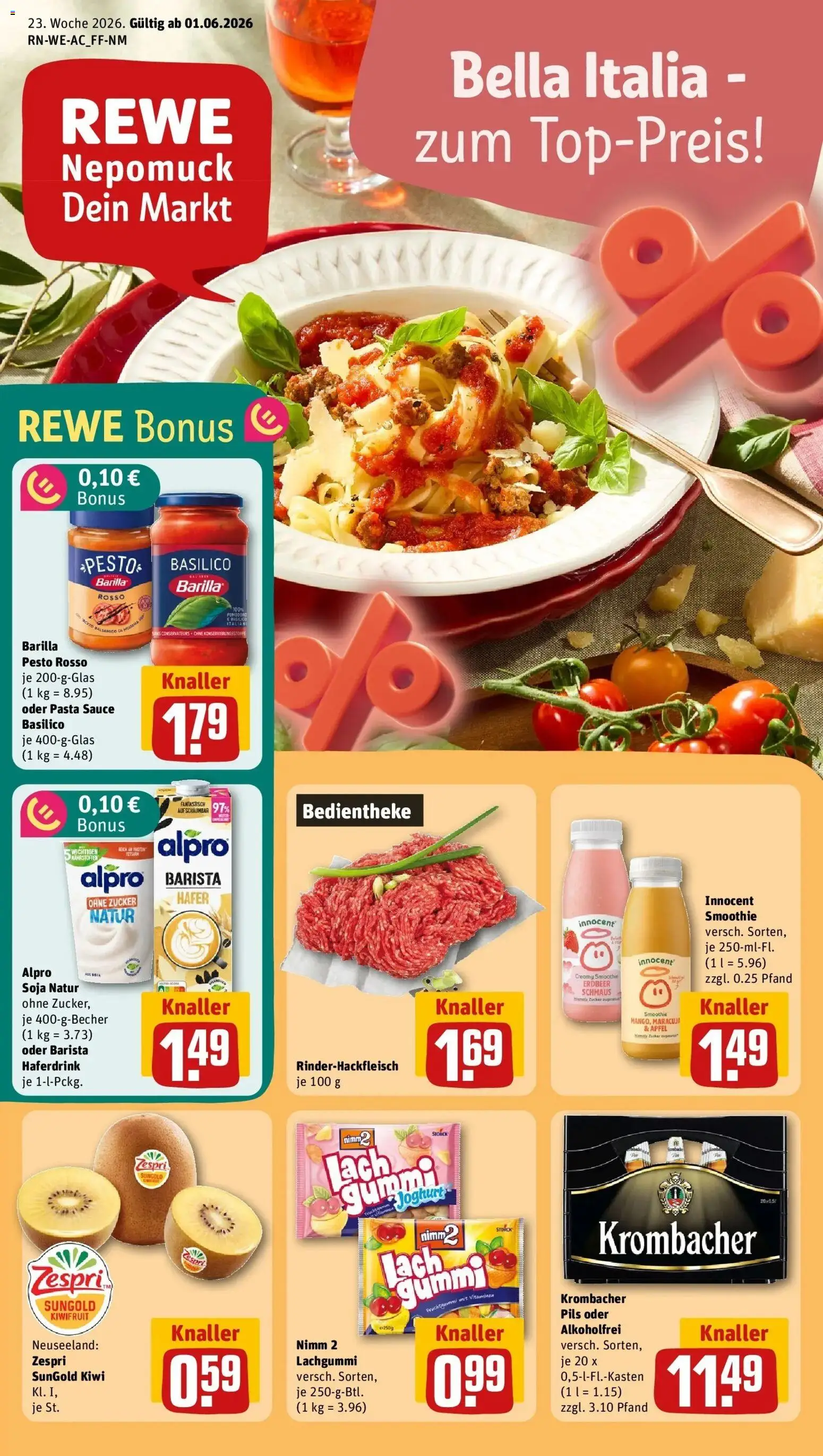 Vorschau von dem Prospekt des Geschäftes Rewe, gültig ab dem 01.06.2026 - Pasta, Äpfel, Krombacher, Barilla, Barilla pesto, Alpro, Pils, Haferdrink