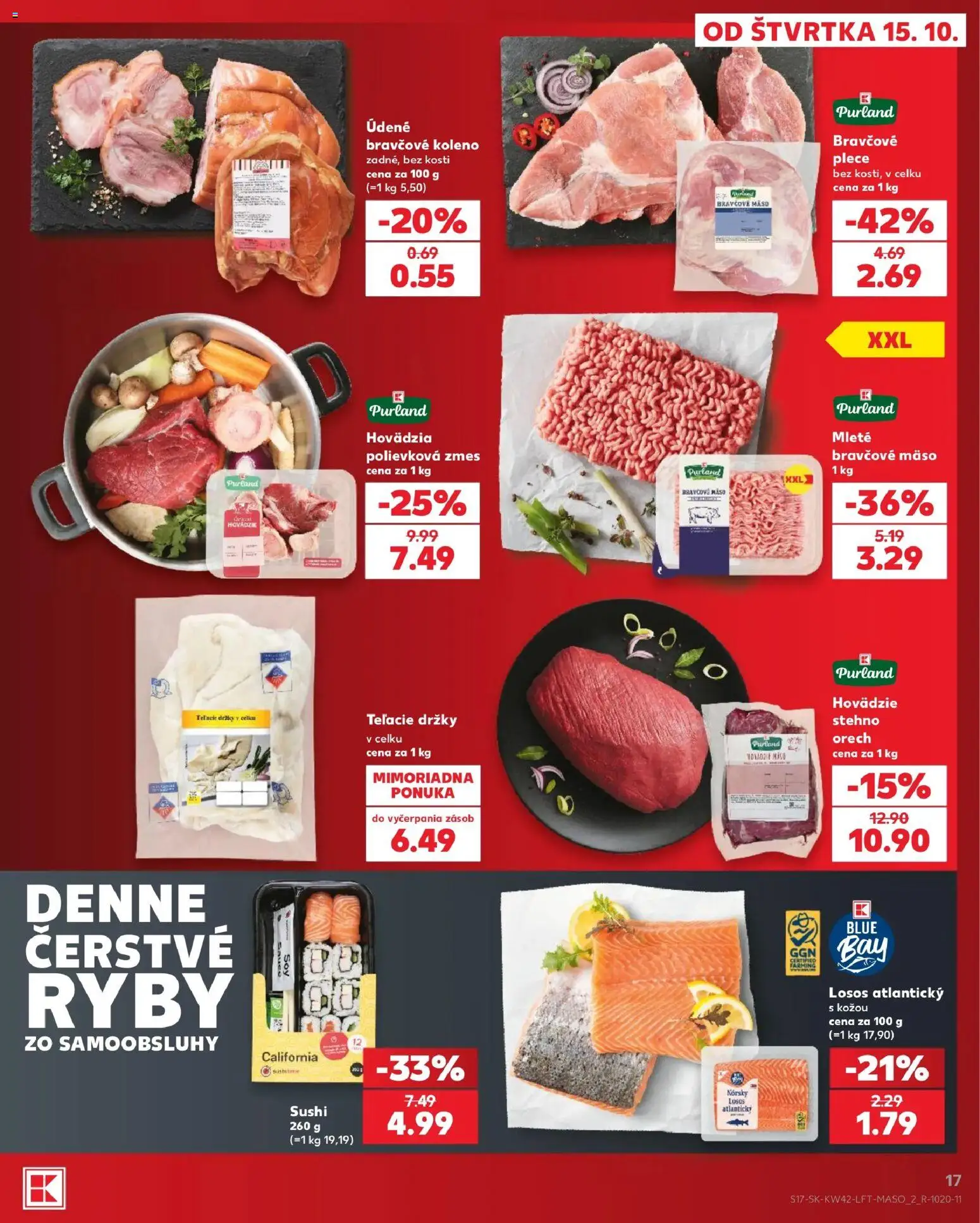 Náhľad Kaufland letáku platného od 15.10.2026 - Mäso, Sushi, Ryby, Losos, Držky, Koleno, Bravčové mäso, Bravčové koleno