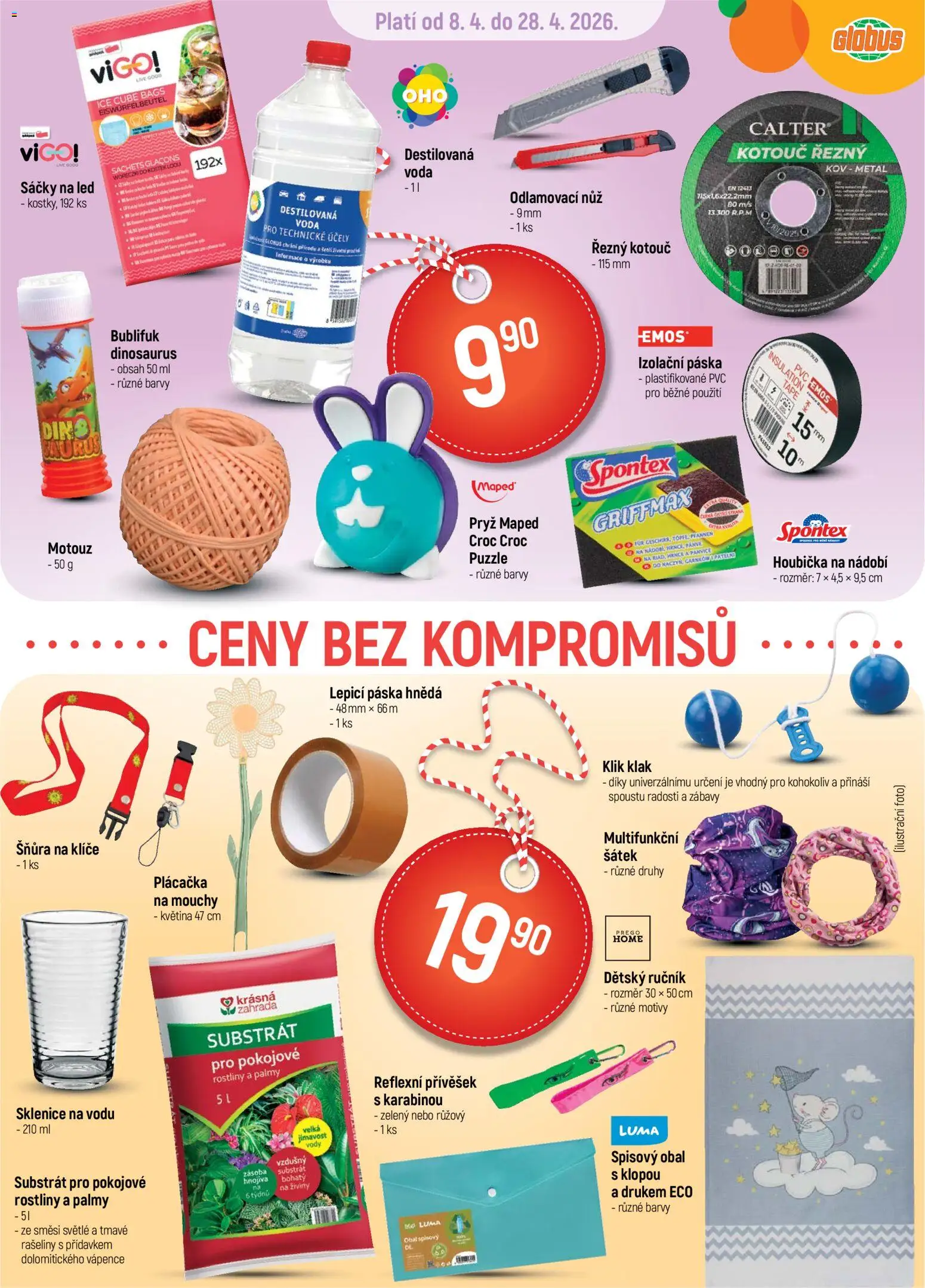 Náhled nabídky: Globus Globus leták - Brno platný od 08.04.2026 - Voda, Nůž, LED, Šátek, Destilovaná voda, Ručník, Substrát, Bublifuk
