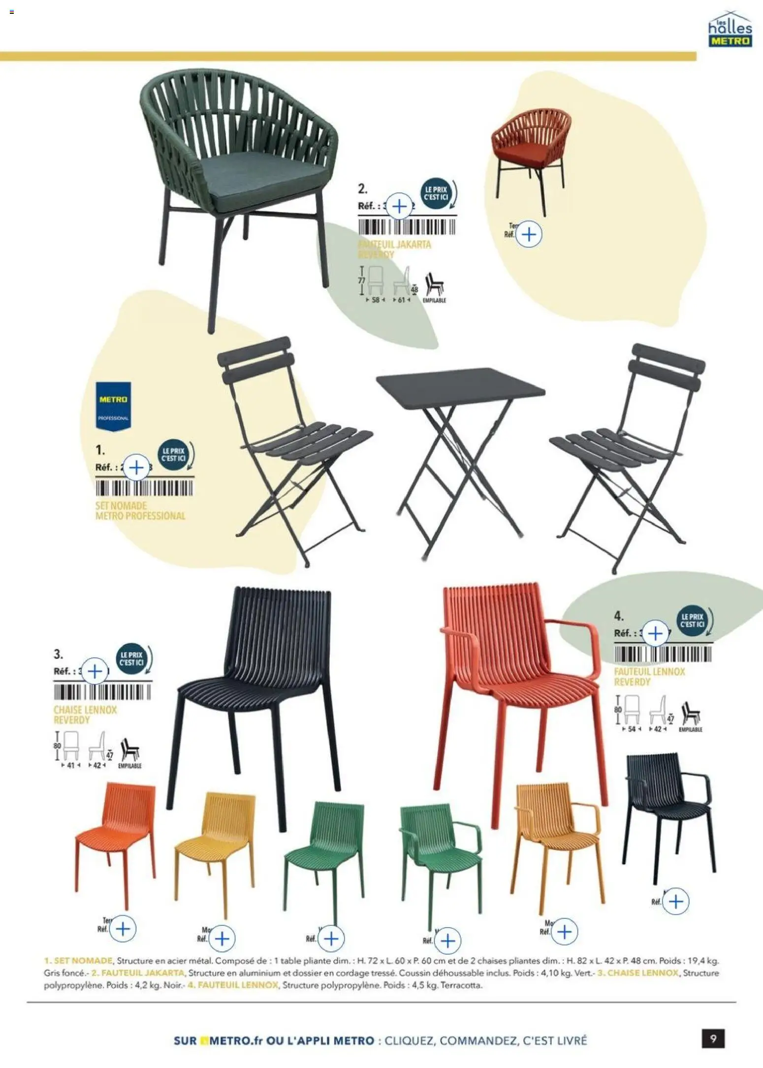 Prévisualisation de Terrasse&salle Collection 2026 du magasin METRO formulaire valide 09/01/2026 - Fauteuil, Livre, Chaises, Chaise, Table pliante, Table, Poids