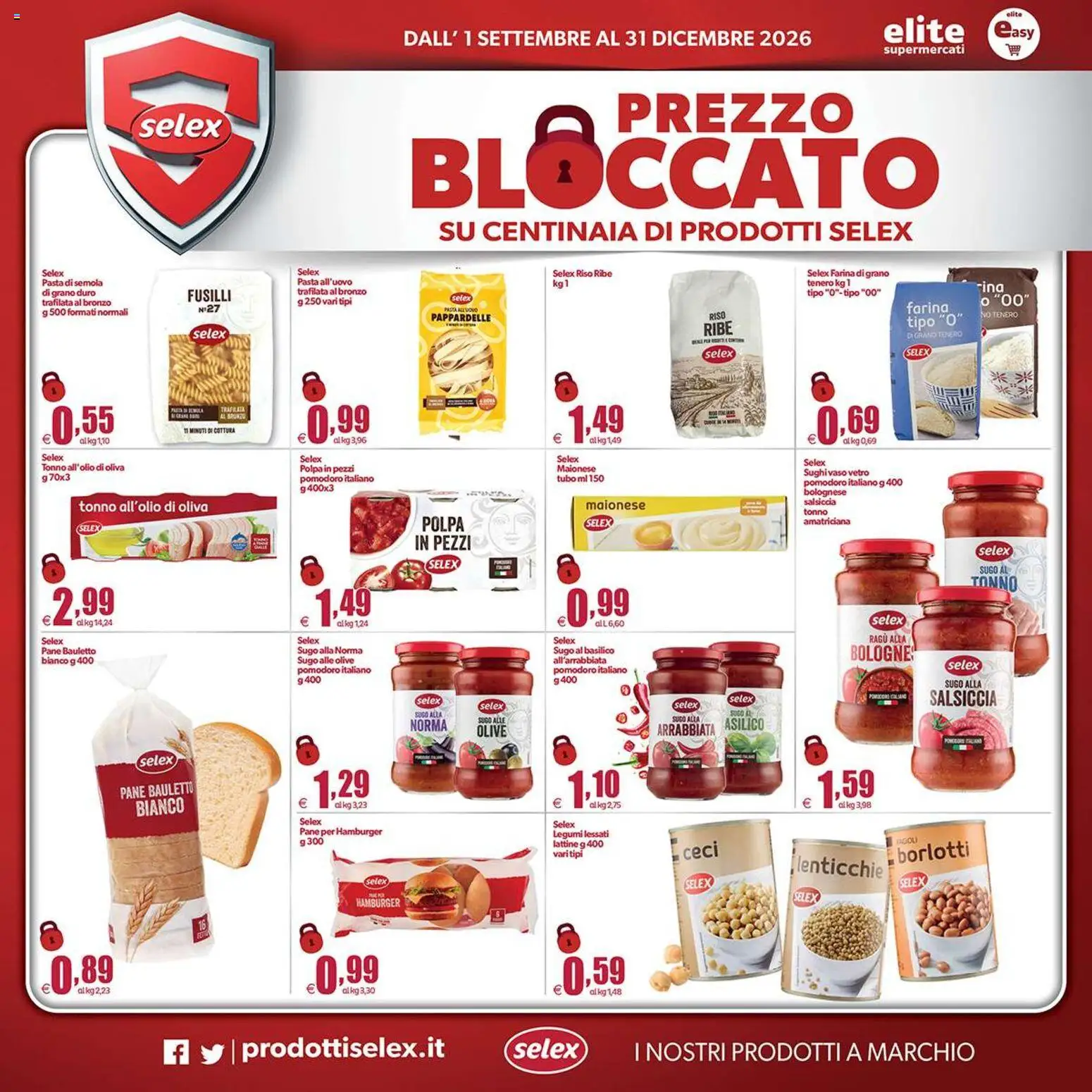 Anteprima dell'opuscolo Elite Supermercati volantino Spesa Difesa Selex dal negozio Elite Supermercati valido da 01/09/2026 - Pasta, Pane, Pomodoro, Lenticchie, Tonno, Sugo, Vaso, Tubo